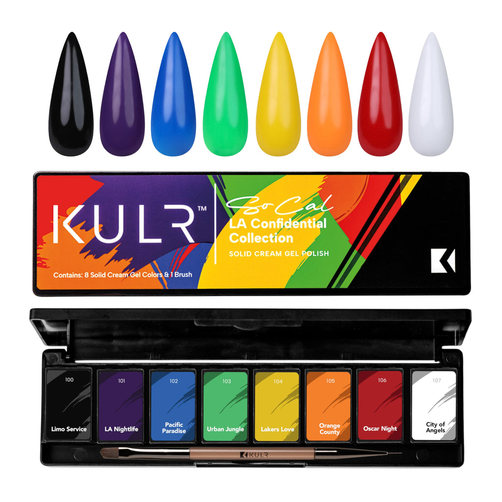 KUPA KULR Solid Cream Gel Nail Polish – LA Confidential Collection, 8 Bold Colors + 1 Brush