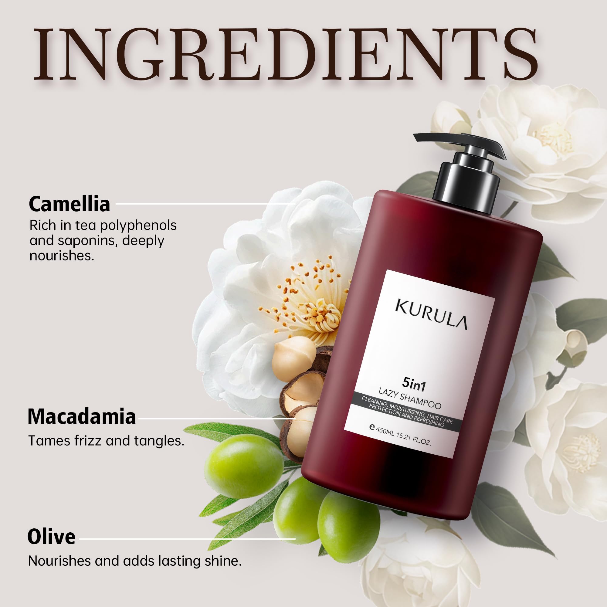 Kurula 5-in-1 Shampoo for All Hair Types | Volumizing, Moisturizing & Repairing with Camellia Oil | 15.2 oz