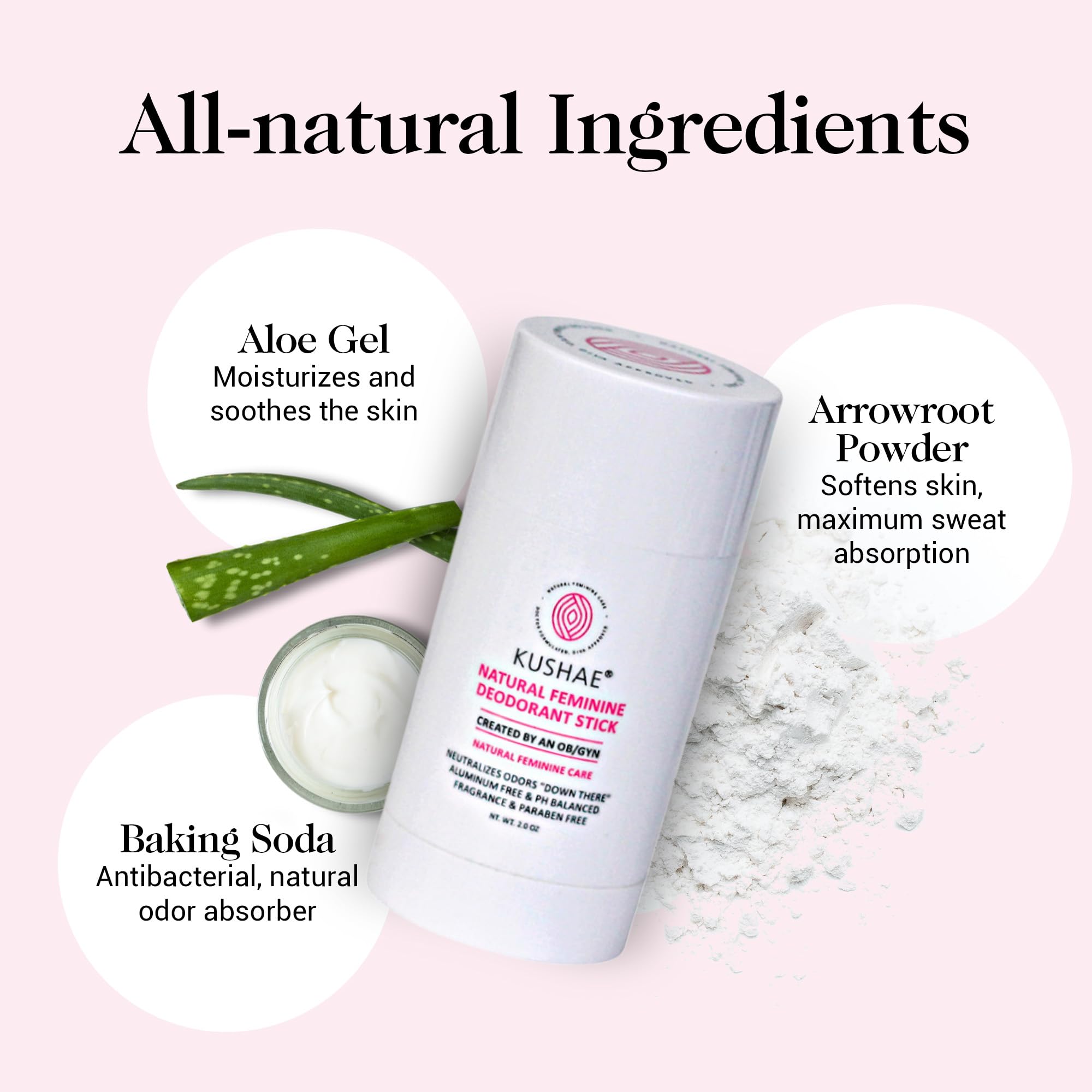 Kushae Natural Feminine Deodorant Stick for Women – Aluminum-Free, Unscented, 2 oz