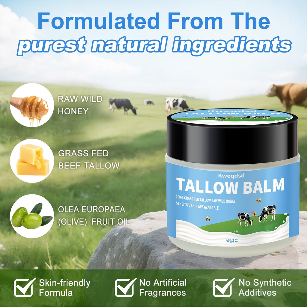Kweqdsd 5 Pack Organic Grass-Fed Beef Tallow Balm with Raw Honey | Natural Skin Moisturizer