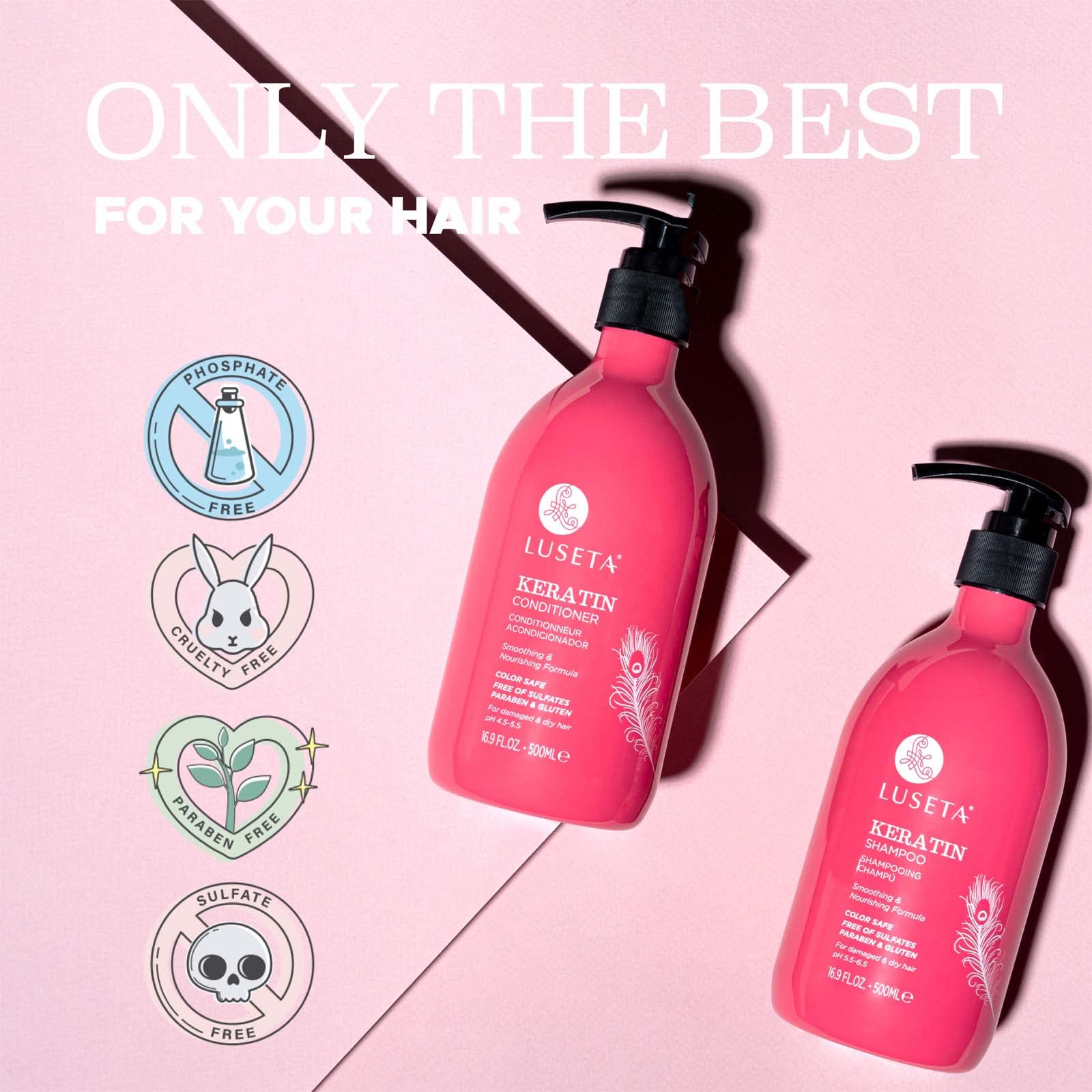 L LUSETA Keratin Shampoo & Conditioner for Color-Treated Hair – Smoothing, Nourishing & Strengthening (2 x 16.9 oz)