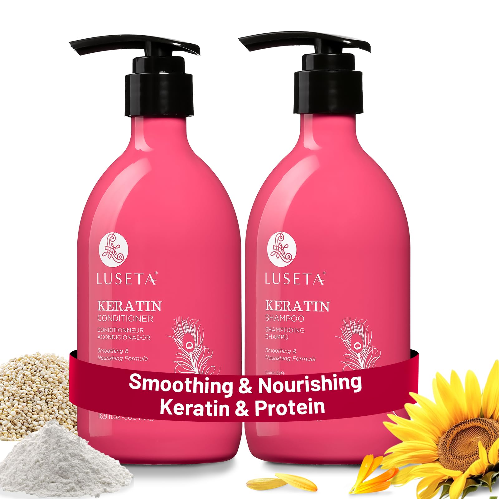 L LUSETA Keratin Shampoo & Conditioner for Color-Treated Hair – Smoothing, Nourishing & Strengthening (2 x 16.9 oz)