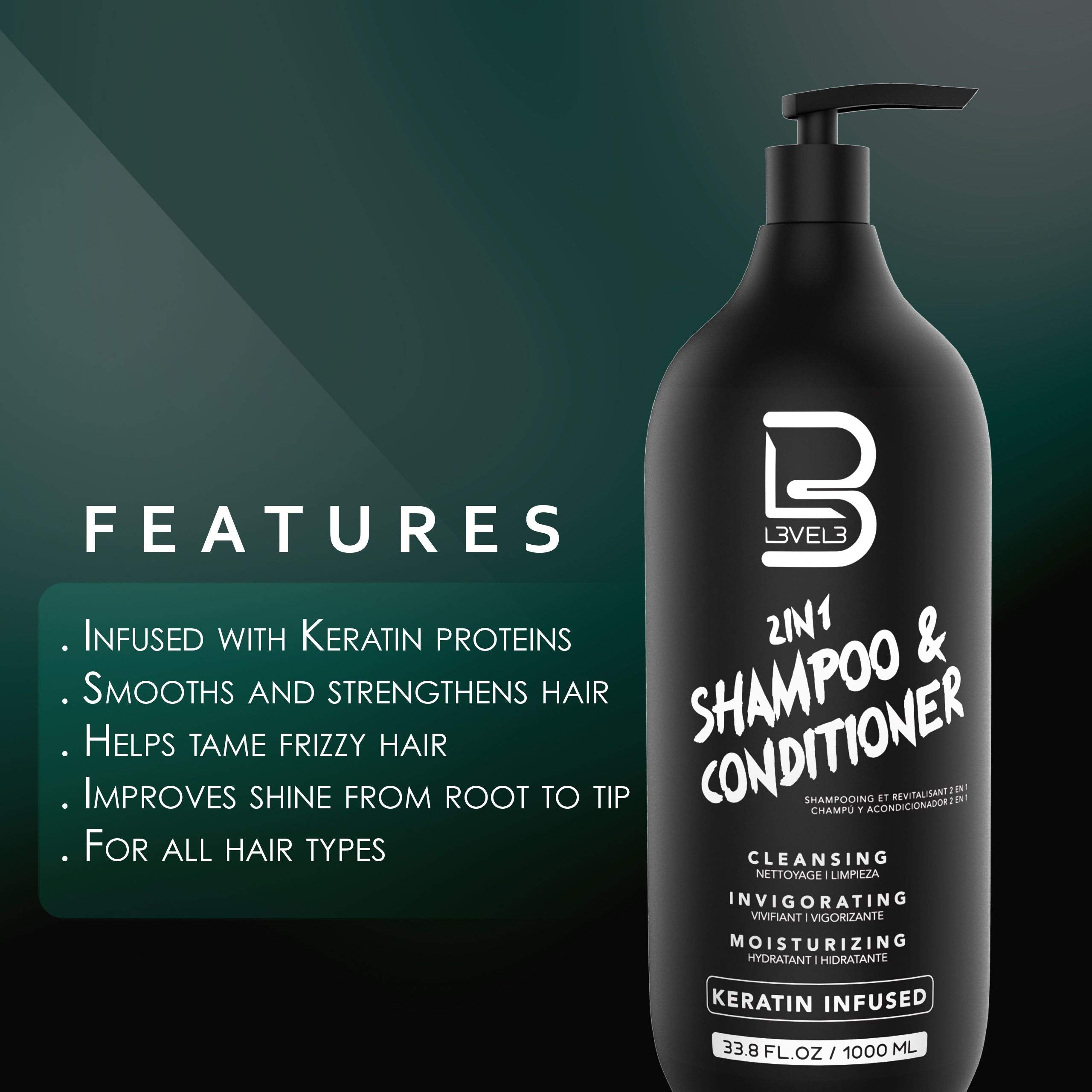 L3 Two in One Shampoo and Conditioner – Smooths and Strengthens Hair, Improves Shine, Tames Frizz – 33.8 Fl Oz