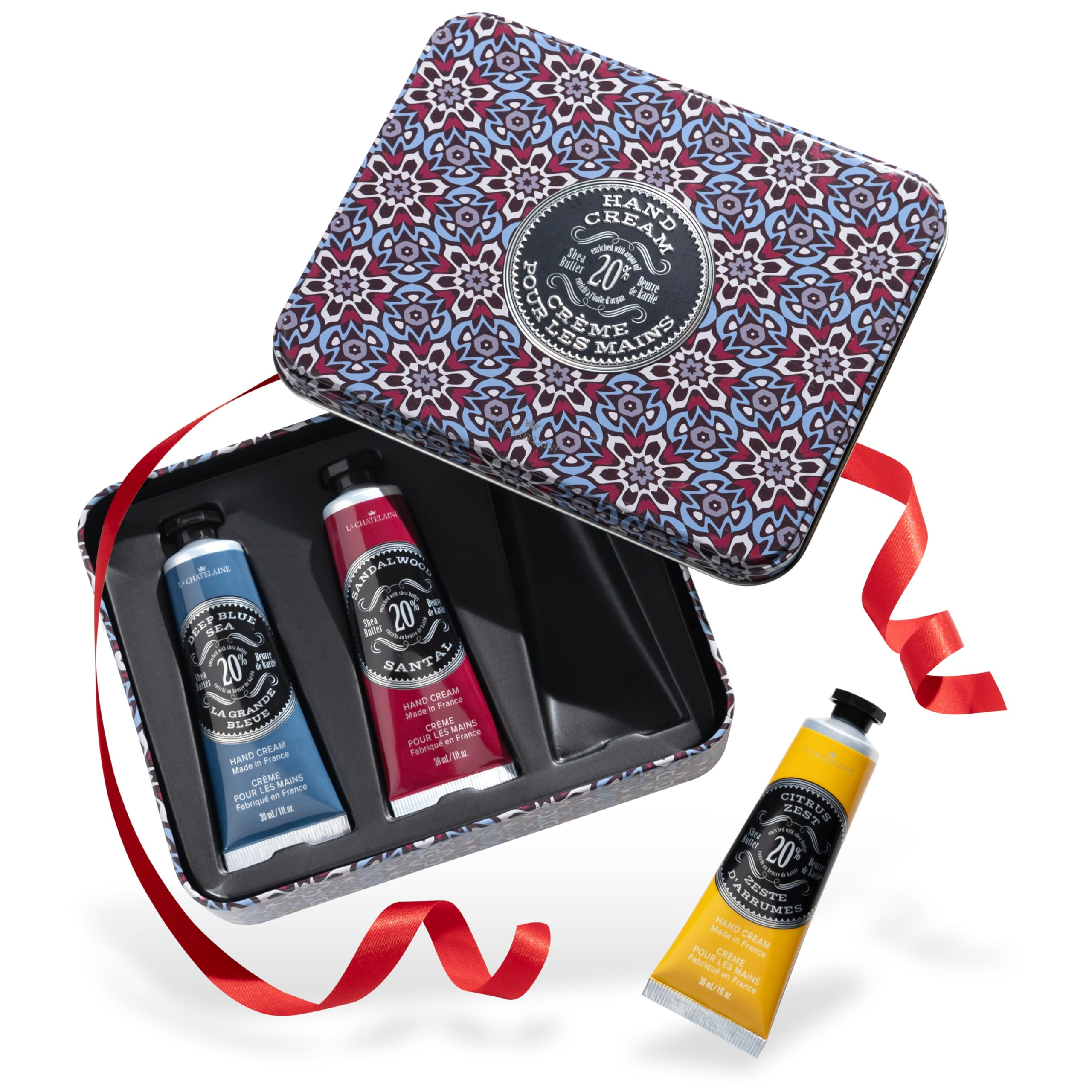 La Chatelaine Hand Cream Gift Set for Men – 3x1 oz Travel Size, 20% Organic Shea Butter, Deep Blue Sea, Sandalwood, Citrus Zest