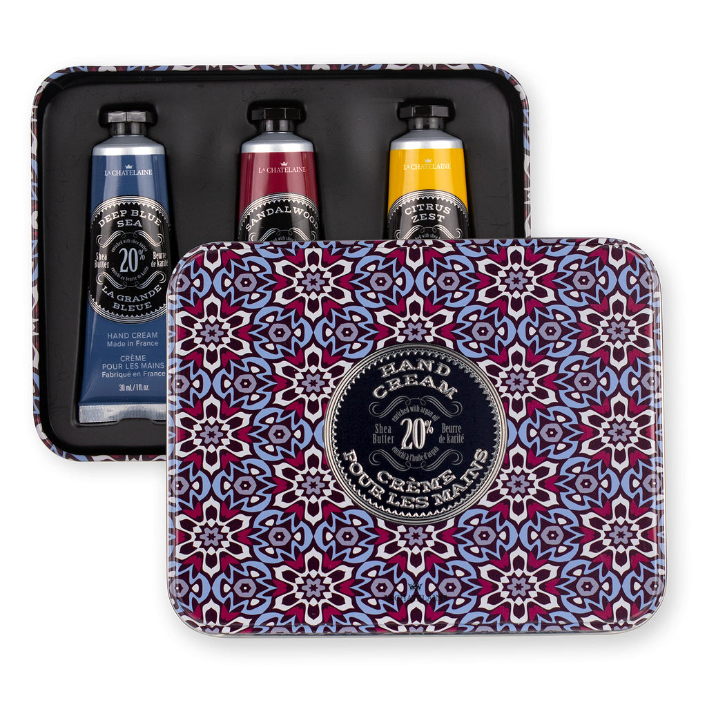 La Chatelaine Hand Cream Gift Set for Men – 3x1 oz Travel Size, 20% Organic Shea Butter, Deep Blue Sea, Sandalwood, Citrus Zest