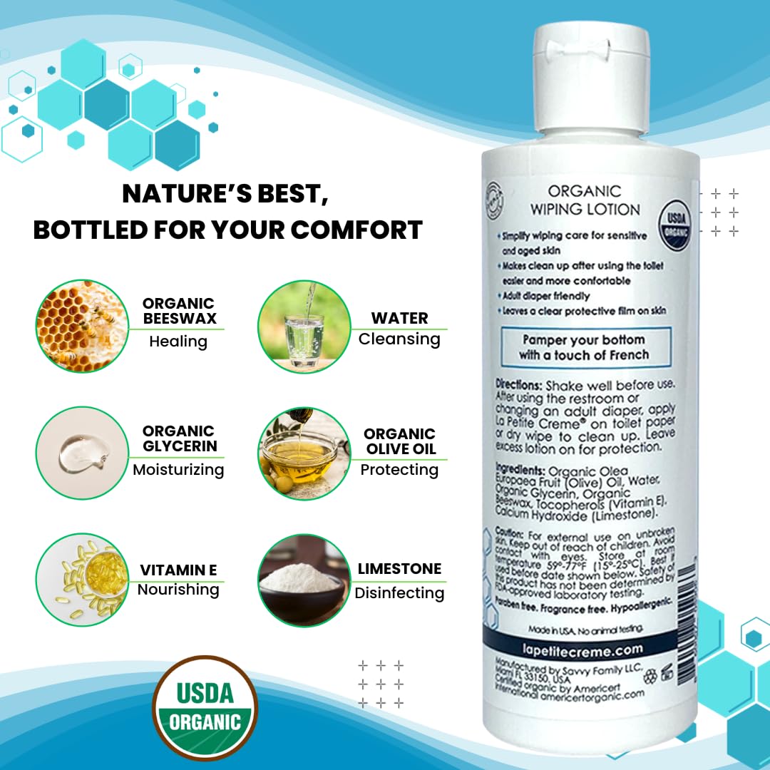 La Petite Creme Liniment Wiping Lotion for Seniors – 8 oz | USDA Organic Certified & EWG Verified