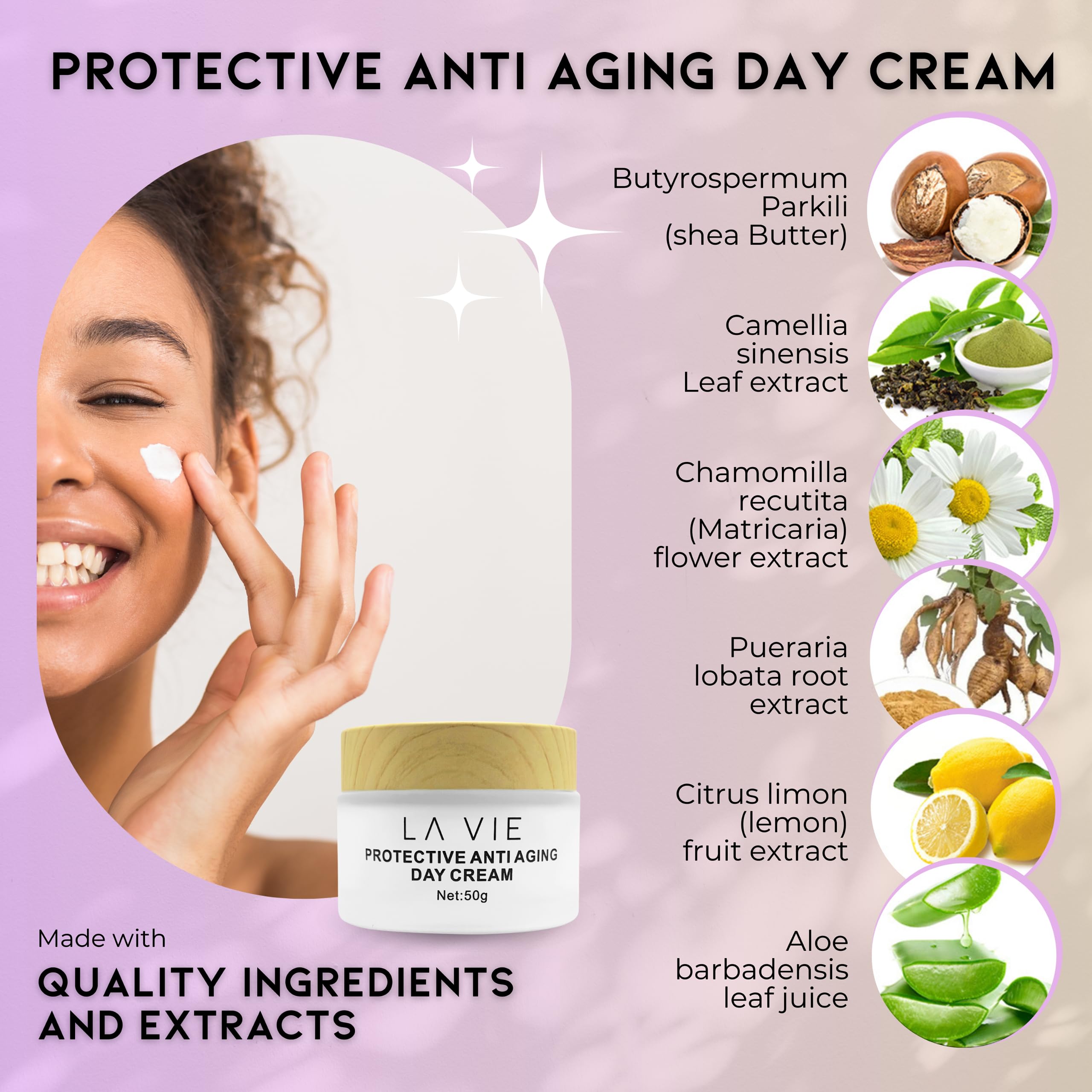 La Vie Protective Anti-Aging Day Cream – Hyaluronic Acid, SPF & Aloe – 1.7Fl Oz