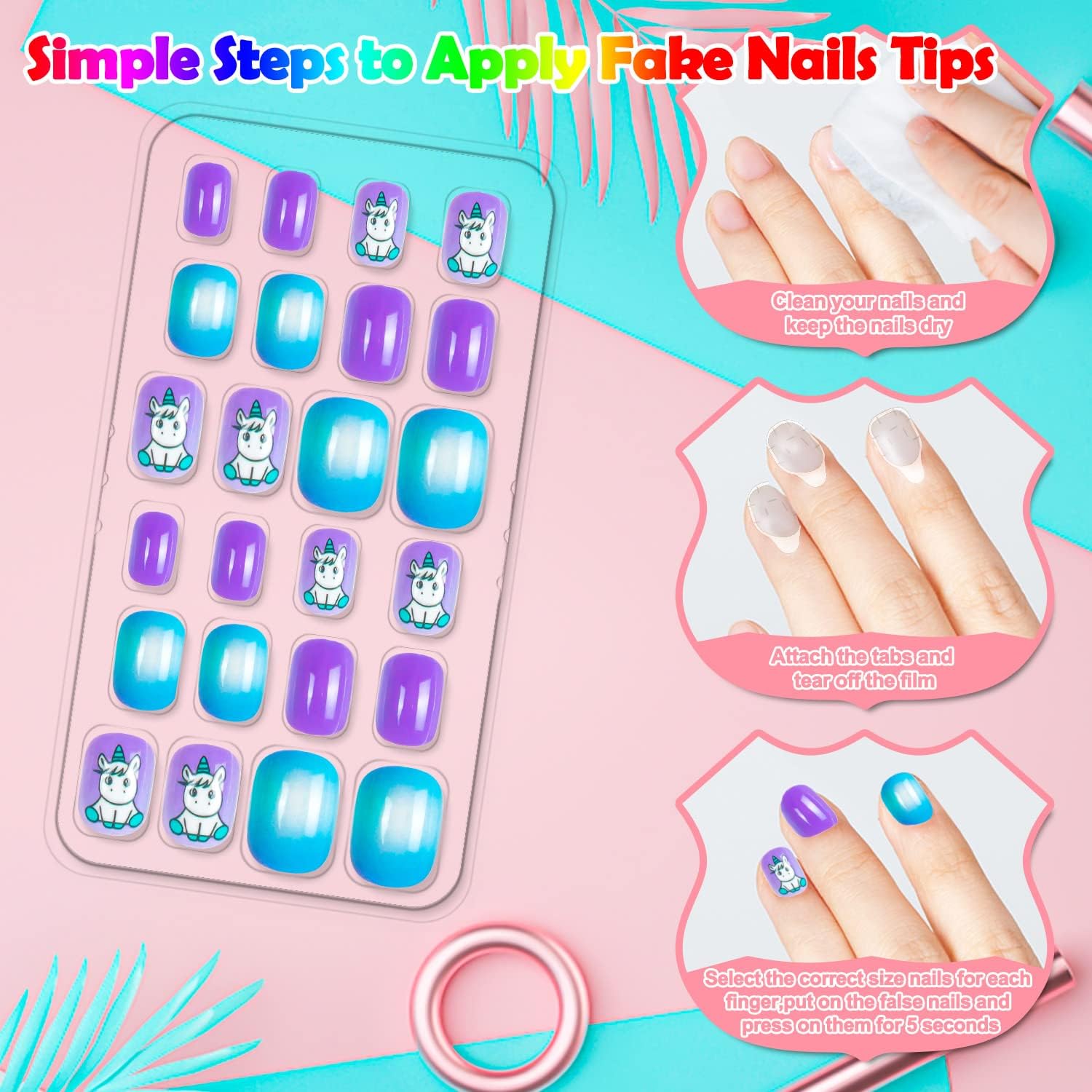 Labeol 144-Piece Kids Fake Nails Kit – Short Press-On Nails for Children