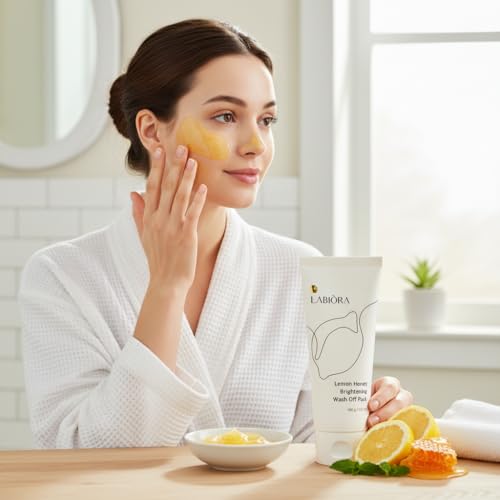 Labiora Lemon Honey Face Mask Wash-Off Pack & Scrub – 5-Minute Exfoliating Hydrating for Sensitive Skin (3.52 oz/100 g)