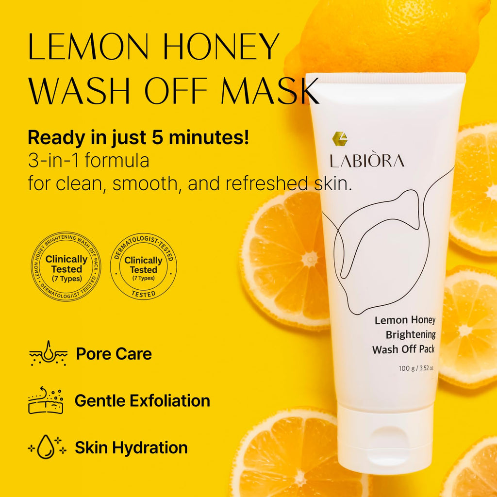 Labiora Lemon Honey Face Mask Wash-Off Pack & Scrub – 5-Minute Exfoliating Hydrating for Sensitive Skin (3.52 oz/100 g)