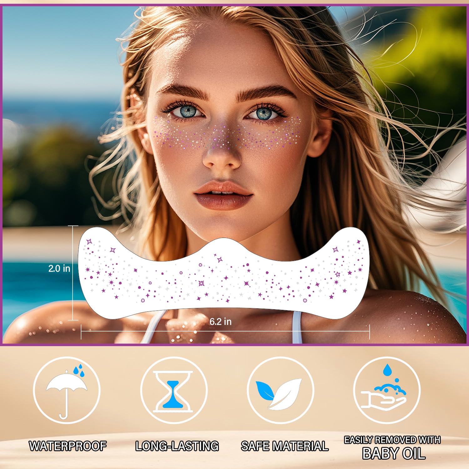 LADDYFOX 20 Pcs Purple & Silver Glitter Freckles – Waterproof, 48h Temporary Face Tattoos