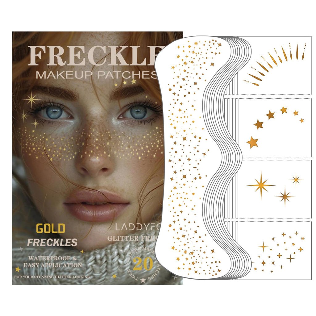 LADDYFOX 20 Pcs Gold Face Makeup Patches – Glitter Freckles, Waterproof Sparkle for Mardi Gras