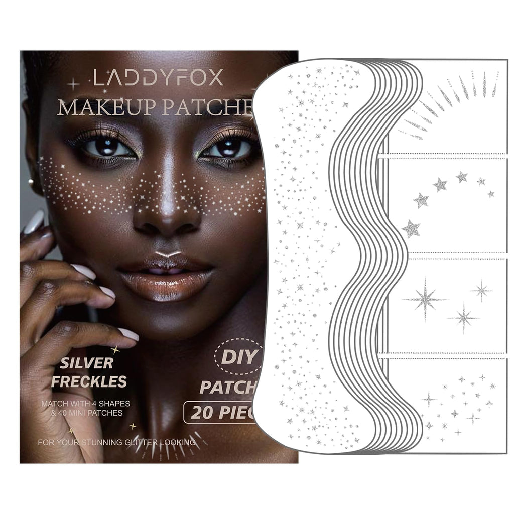 LADDYFOX 20 Pcs Silver Face Patches – Glitter Freckles, Waterproof Temporary Tattoos