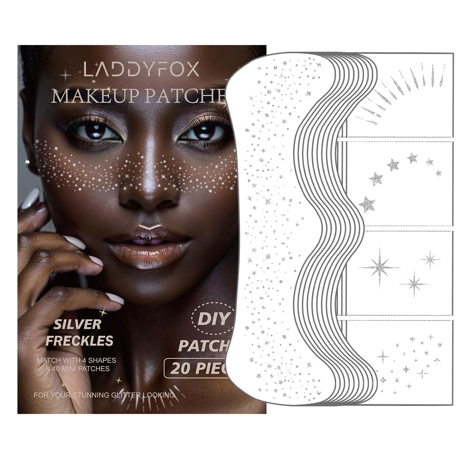 LADDYFOX 20 Pcs Silver Face Patches – Glitter Freckles, Waterproof Temporary Tattoos