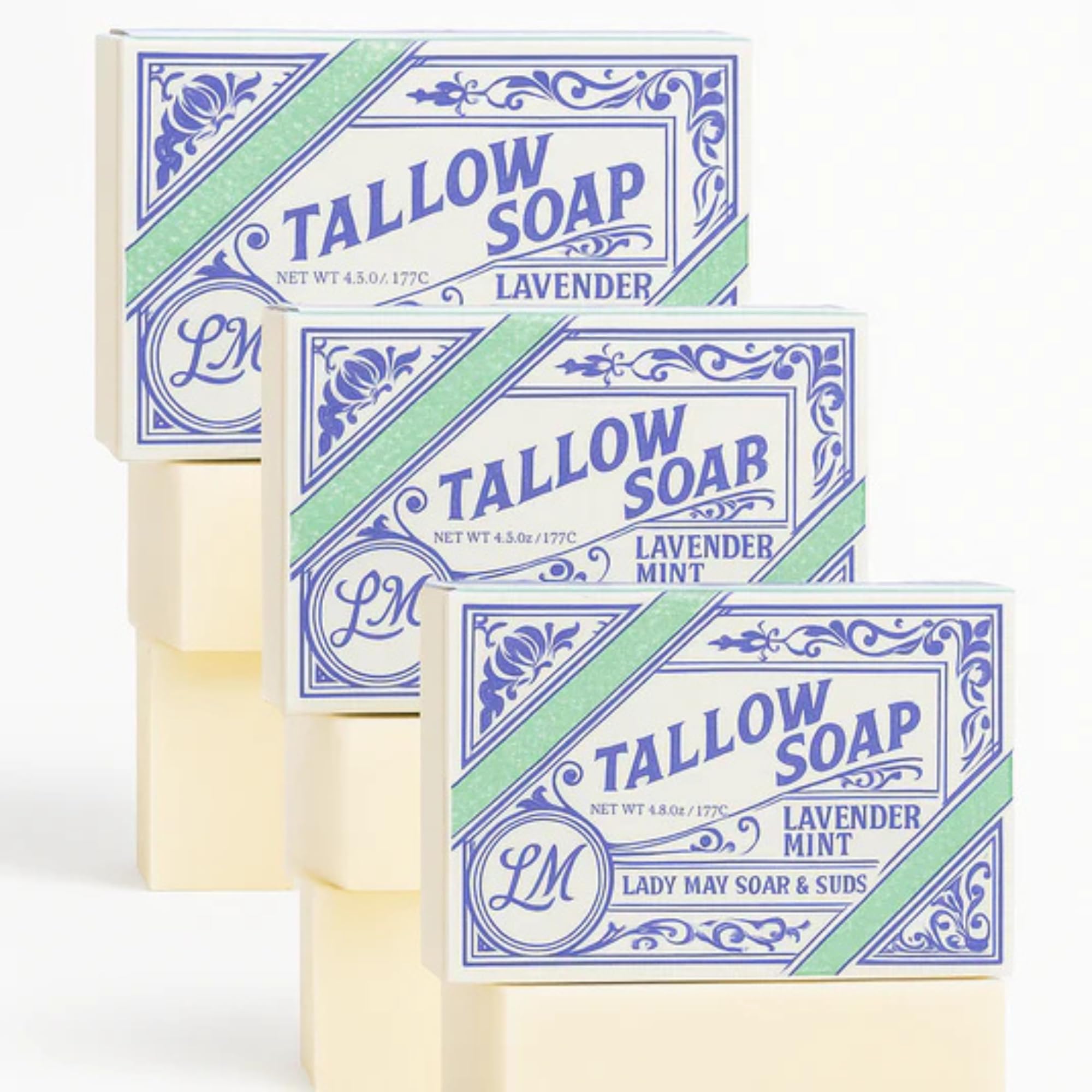 Lady May Tallow Beef Tallow Soap 3 Pack – Lavender Mint & Unscented (USA Made)