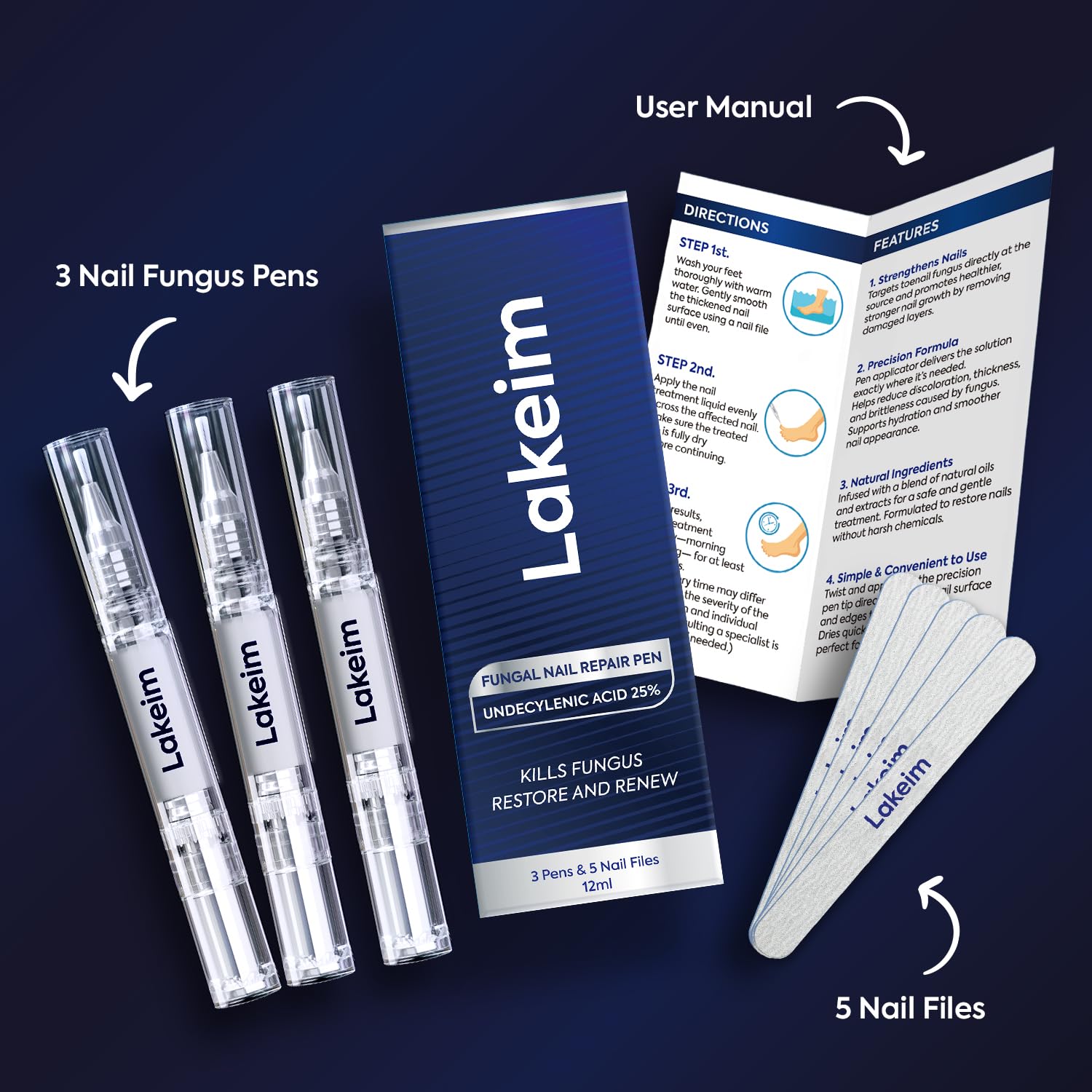 Lakeim Toenail Fungus Treatment Extra Strength – 25% Undecylenic Acid & Tea Tree Oil (3 Pens + 5 Files)