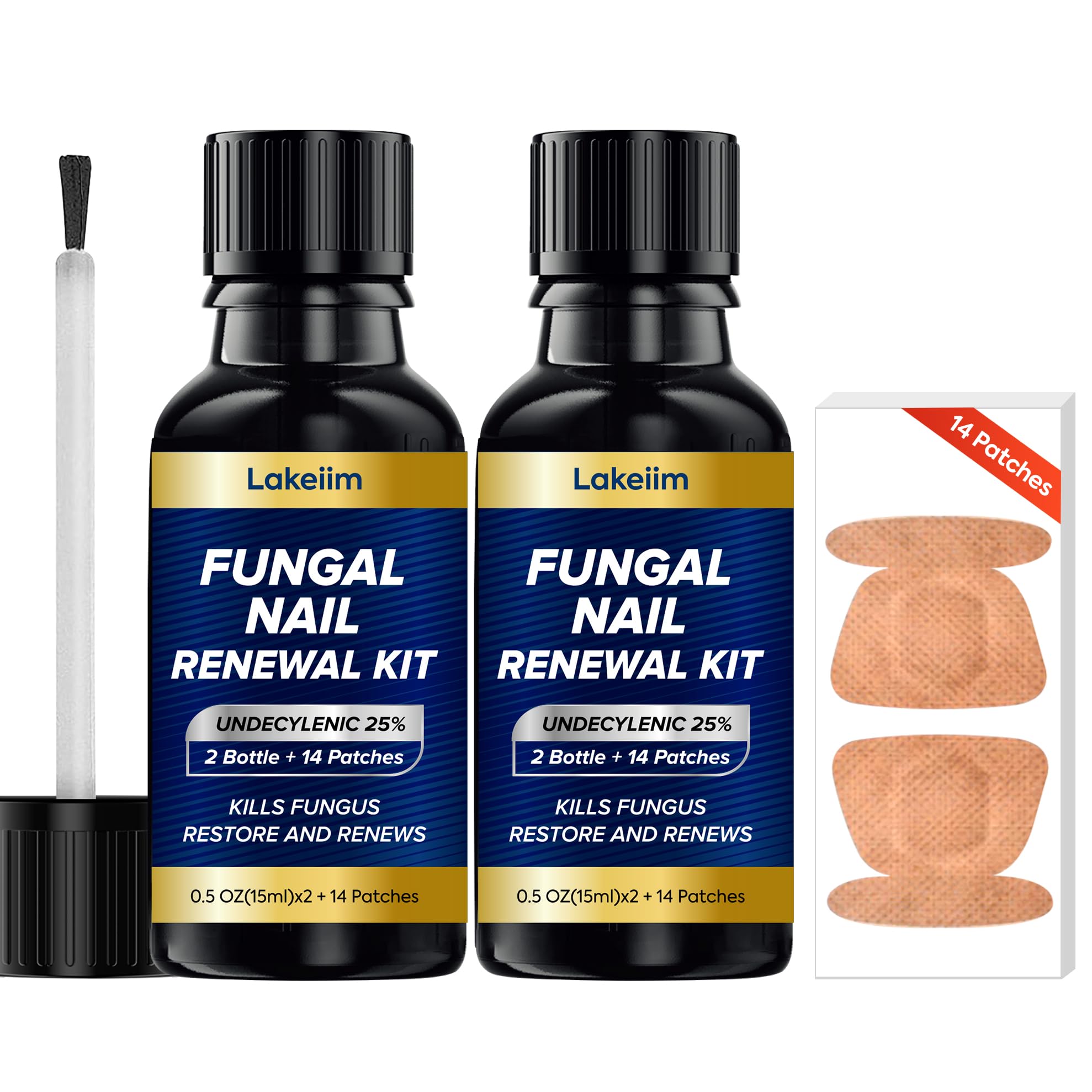 Lakeim Toenail Fungus Treatment Extra Strength - 2 Bottles + 14 Patches (25% Undecylenic Acid + Tea Tree)