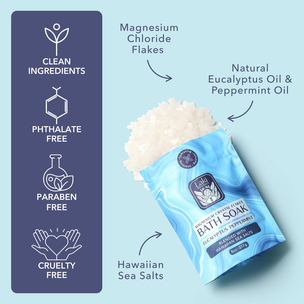 Laki Naturals Bath Soak - Magnesium Flakes with Hawaiian Sea Salt | Eucalyptus Peppermint (8 oz)