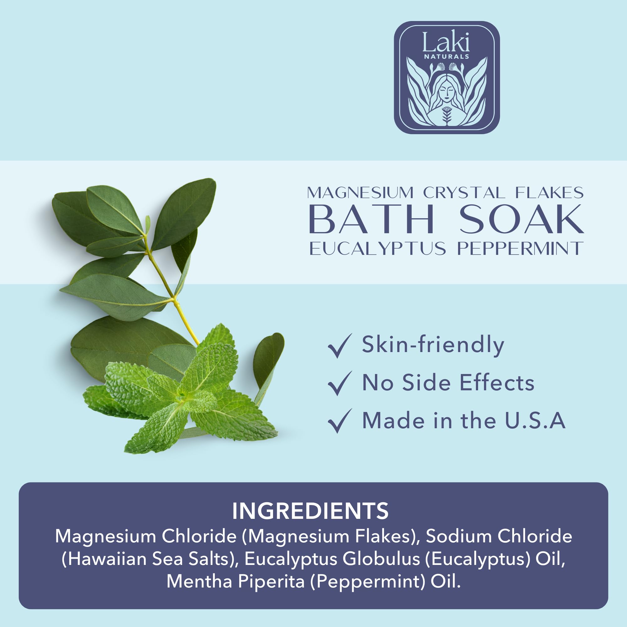 Laki Naturals Bath Soak - Magnesium Flakes with Hawaiian Sea Salt | Eucalyptus Peppermint (8 oz)