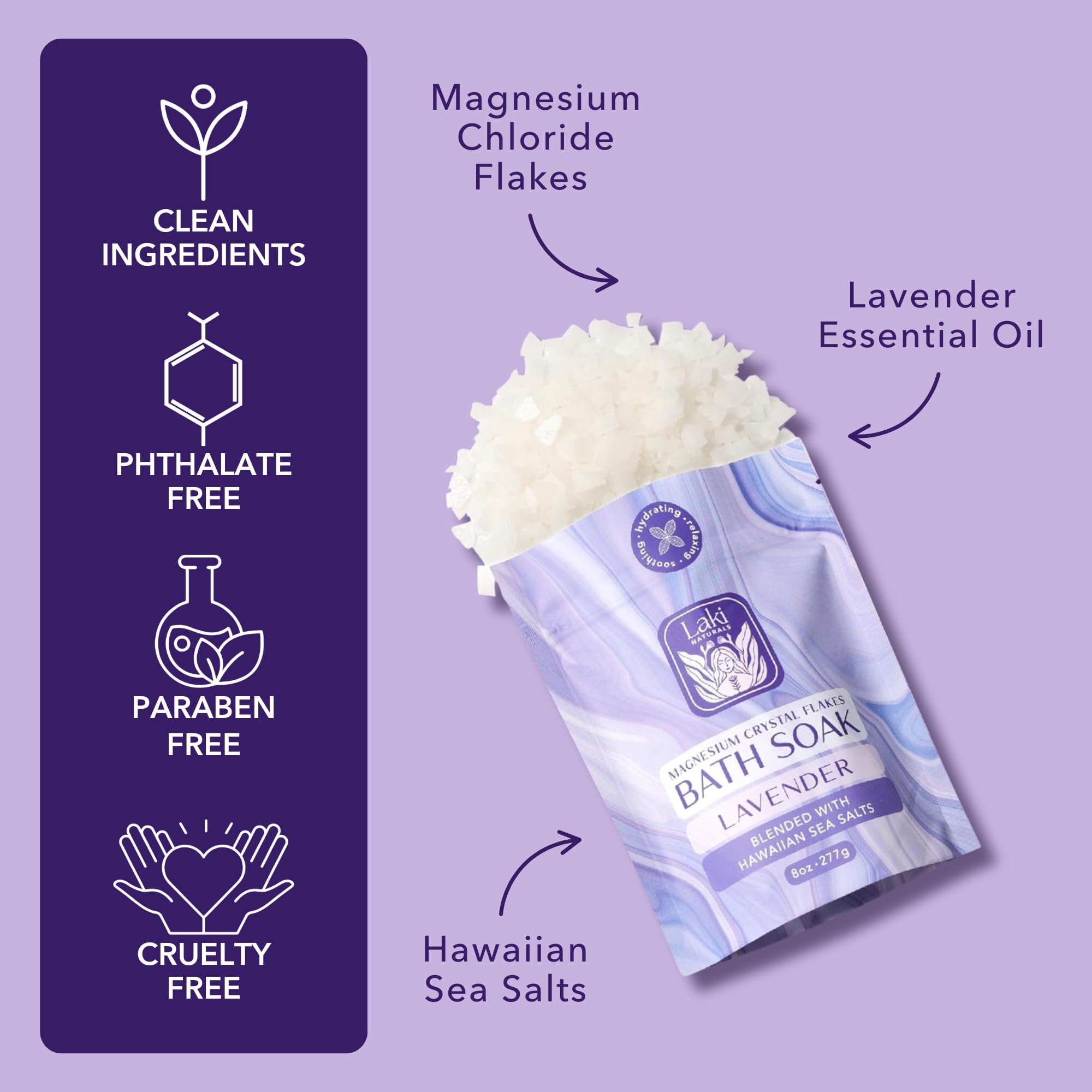 Laki Naturals Magnesium Flakes Bath Soaks (Lavender) – Hawaiian Sea Salt Bath Salt for Relaxation | 8 oz