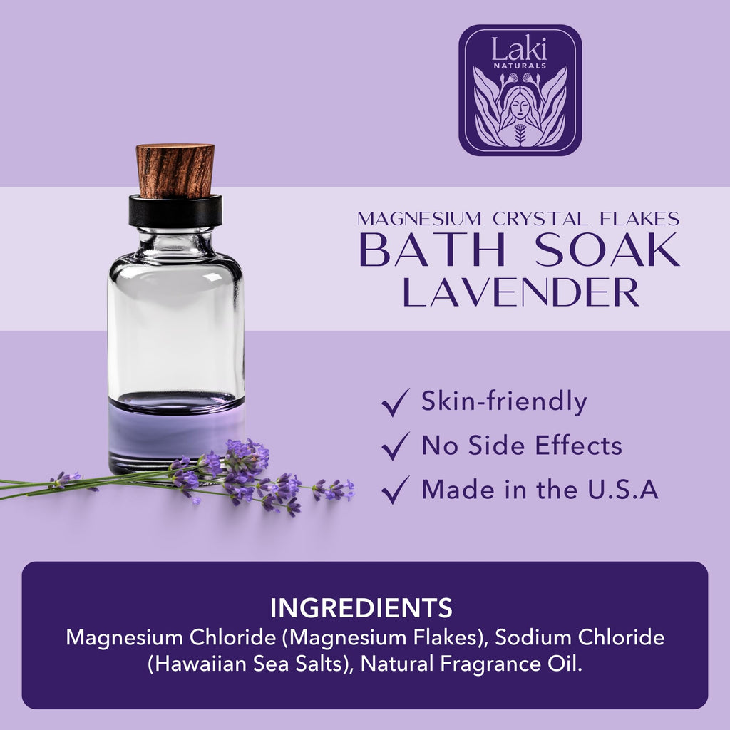 Laki Naturals Magnesium Flakes Bath Soaks (Lavender) – Hawaiian Sea Salt Bath Salt for Relaxation | 8 oz