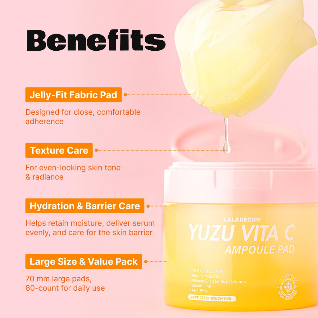 LALARECIPE Yuzu Vitamin C Toner Pads | 71% Jeju Yuzu, 5% Niacinamide, AHA/PHA Exfoliating, 80 Pads