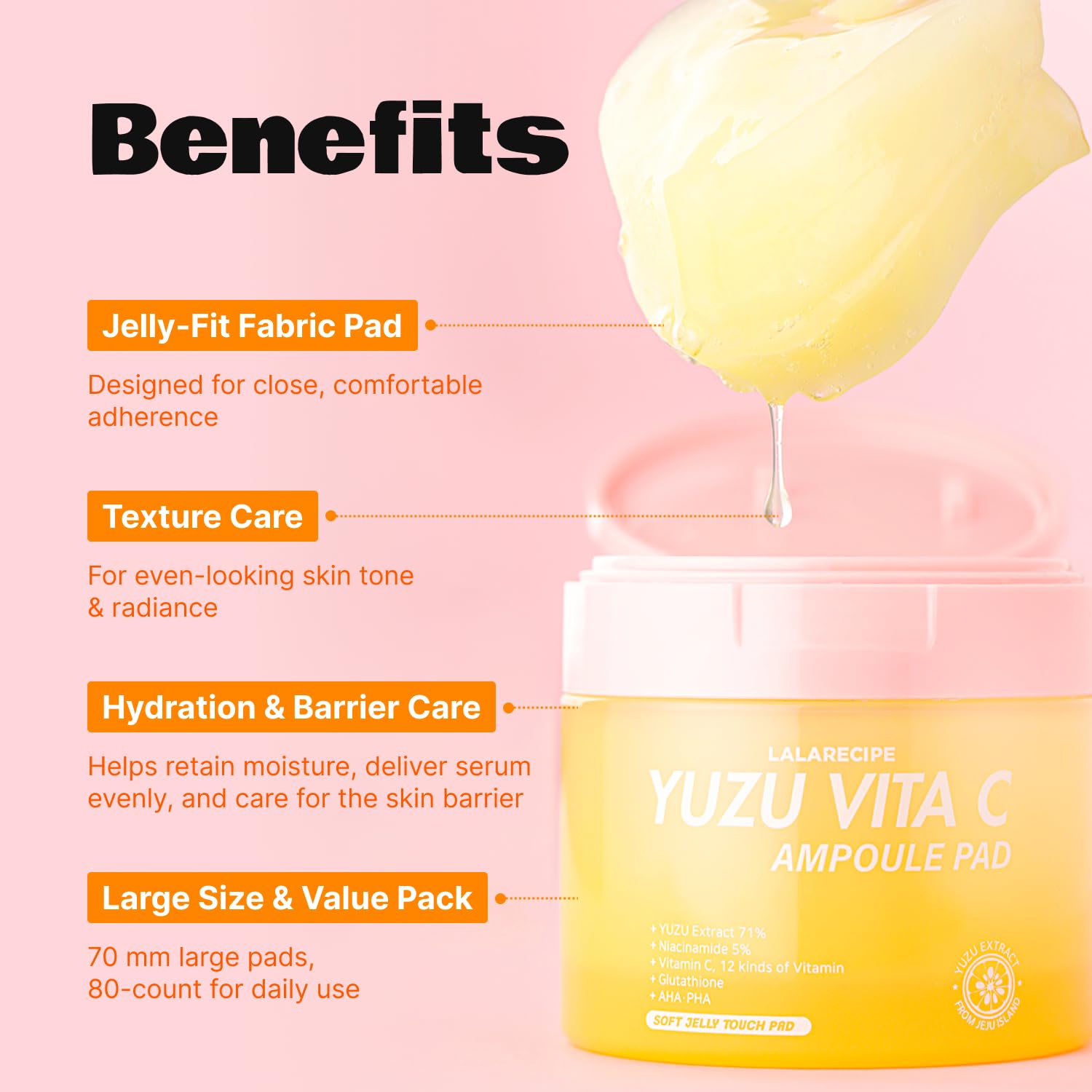 LALARECIPE Yuzu Vitamin C Toner Pads | 71% Jeju Yuzu, 5% Niacinamide, AHA/PHA Exfoliating, 80 Pads