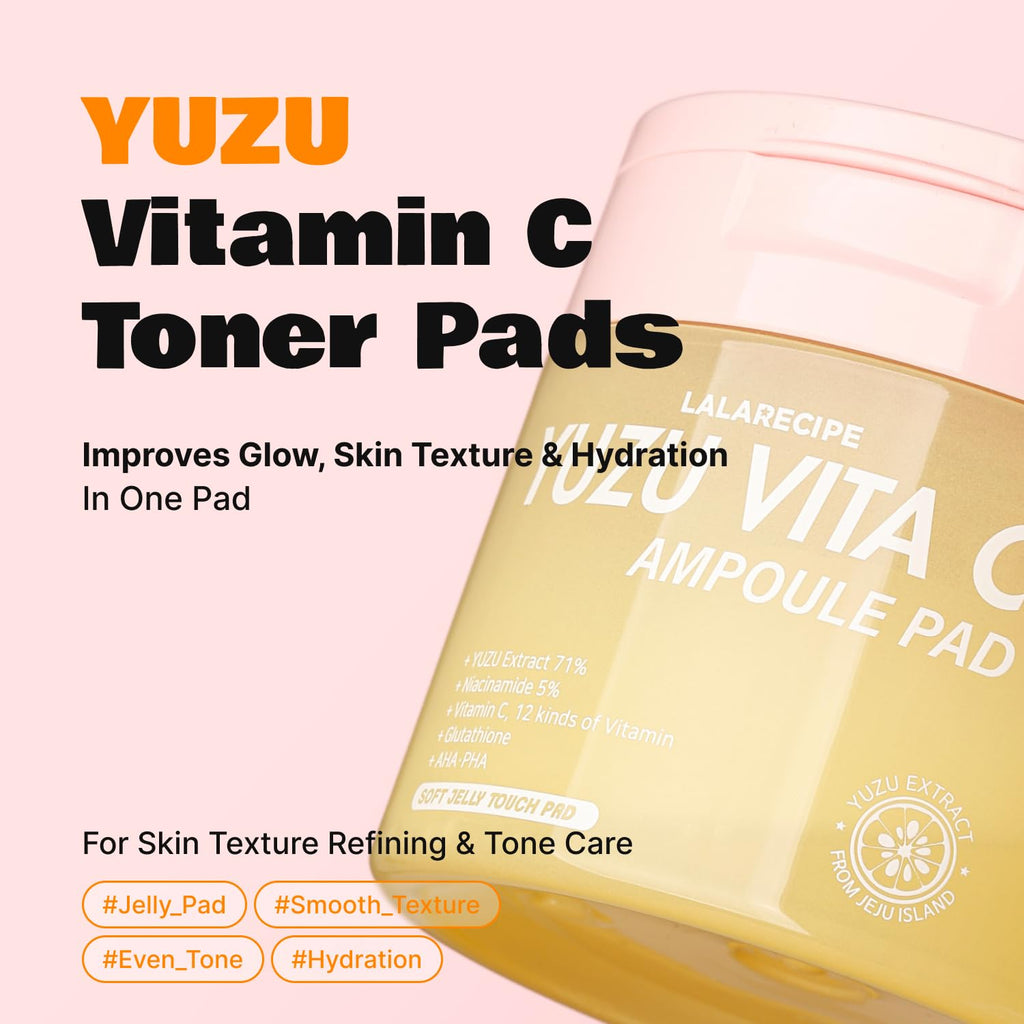 LALARECIPE Yuzu Vitamin C Toner Pads | 71% Jeju Yuzu, 5% Niacinamide, AHA/PHA Exfoliating, 80 Pads