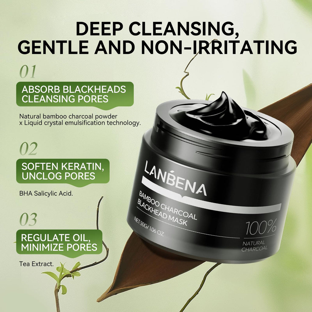 LANBENA 3-in-1 Blackhead Removal Set — Bamboo Charcoal Pore Strips, Pore Minimizing Serum & Removal Papers