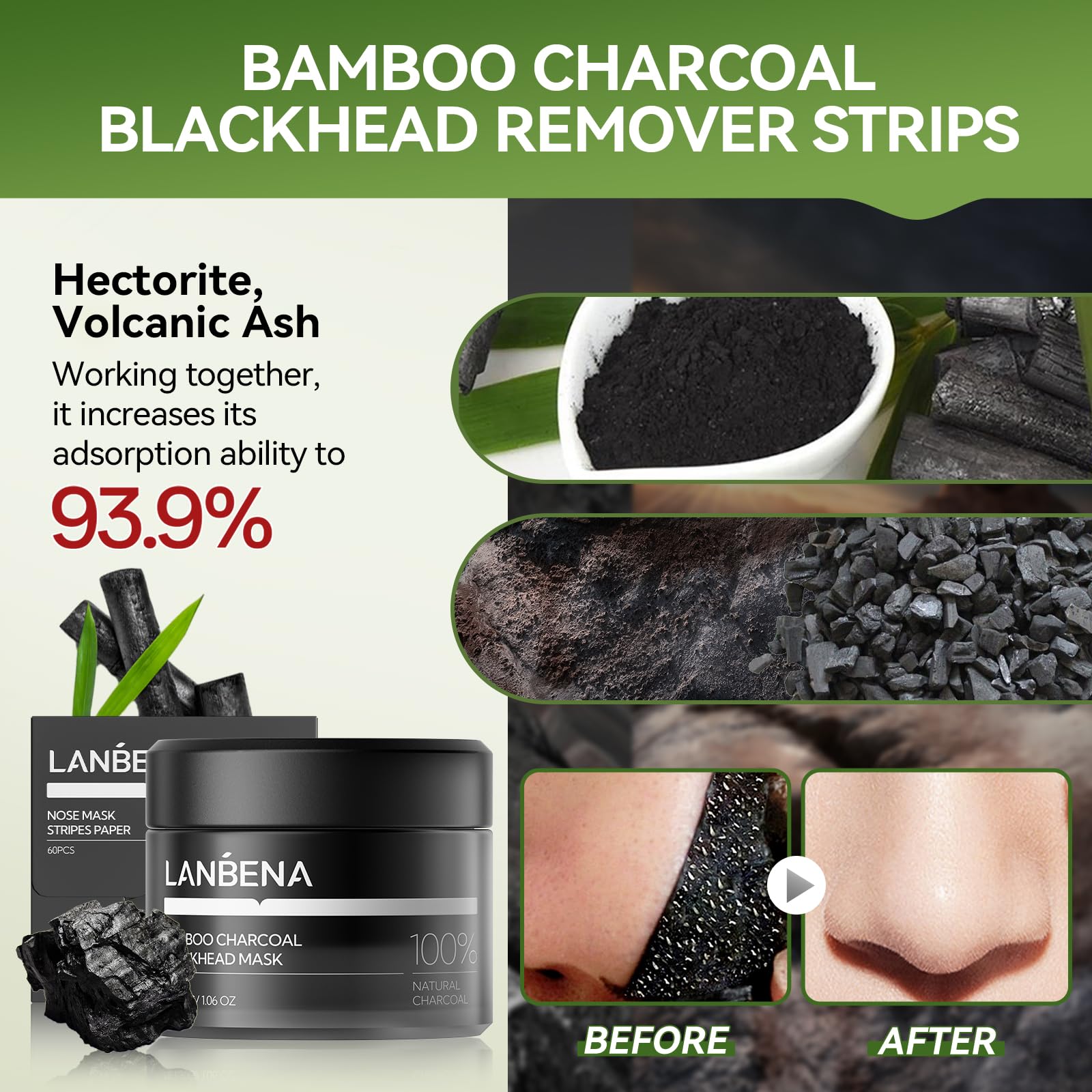 LANBENA Upgraded 2.0 Bamboo Charcoal Blackhead Remover Nose Strips – Deep Cleanse