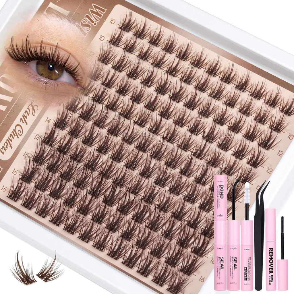 Lanflower Brown Lash Clusters Kit – Wispy CD-Curl Extensions with Bond, Seal & Remover