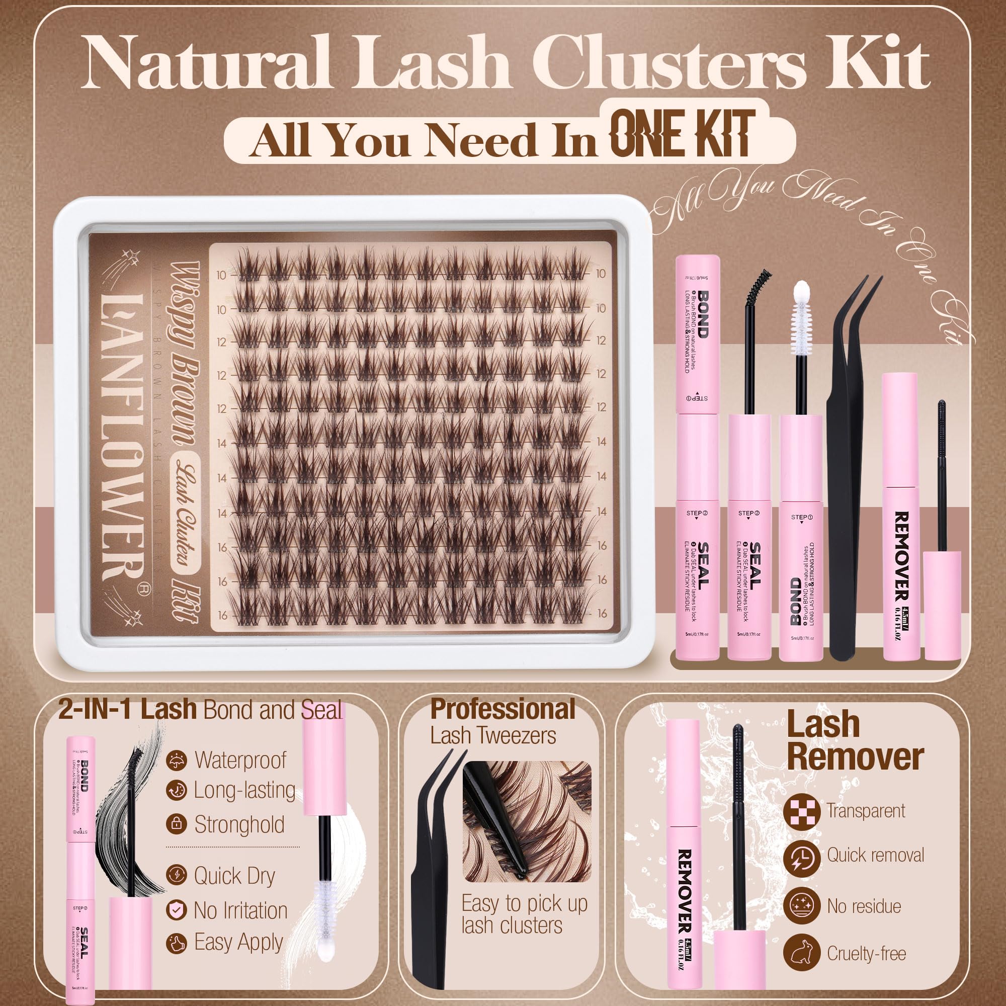 Lanflower Brown Lash Clusters Kit – Wispy CD-Curl Extensions with Bond, Seal & Remover