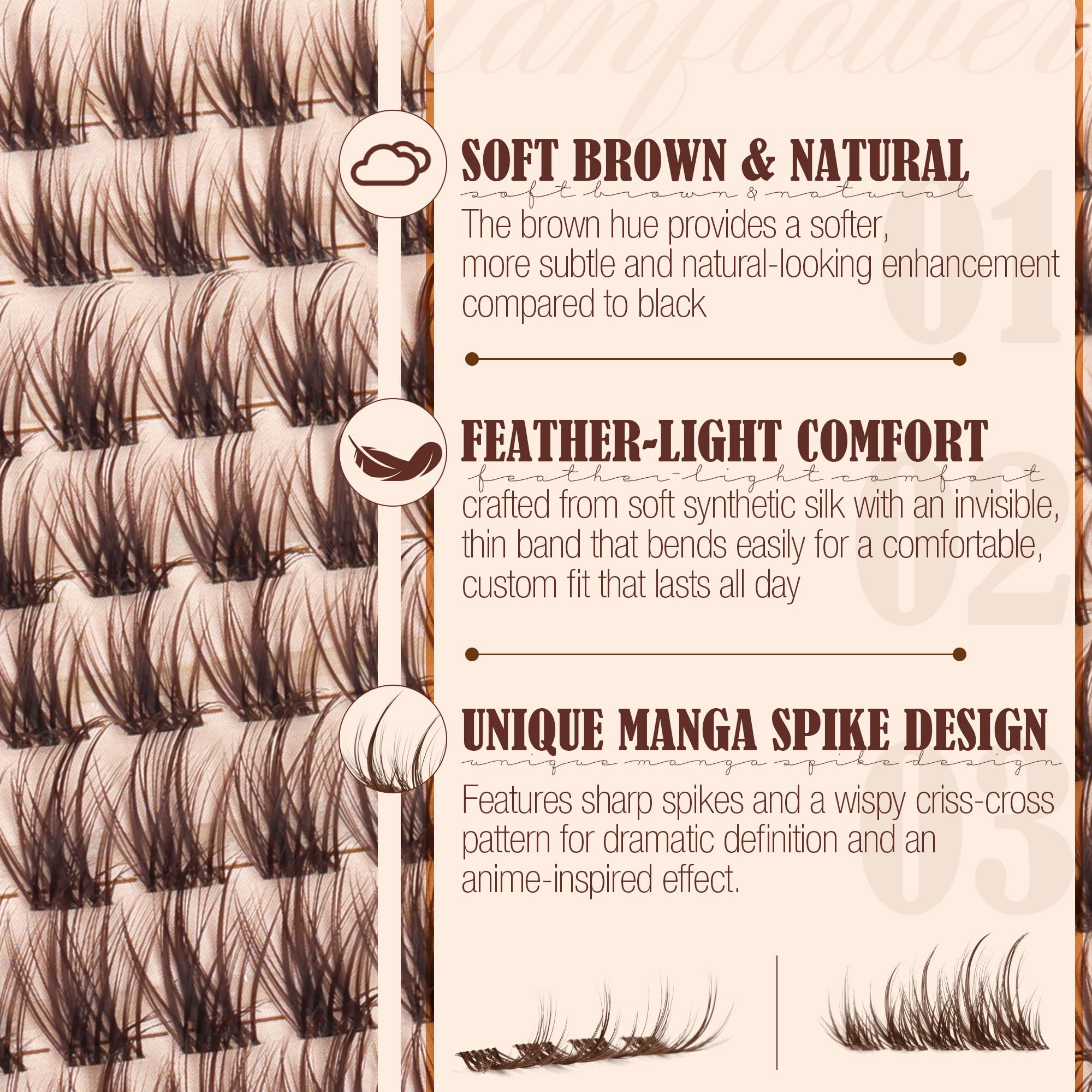 Lanflower Brown Lash Clusters Kit – Wispy CD-Curl Extensions with Bond, Seal & Remover