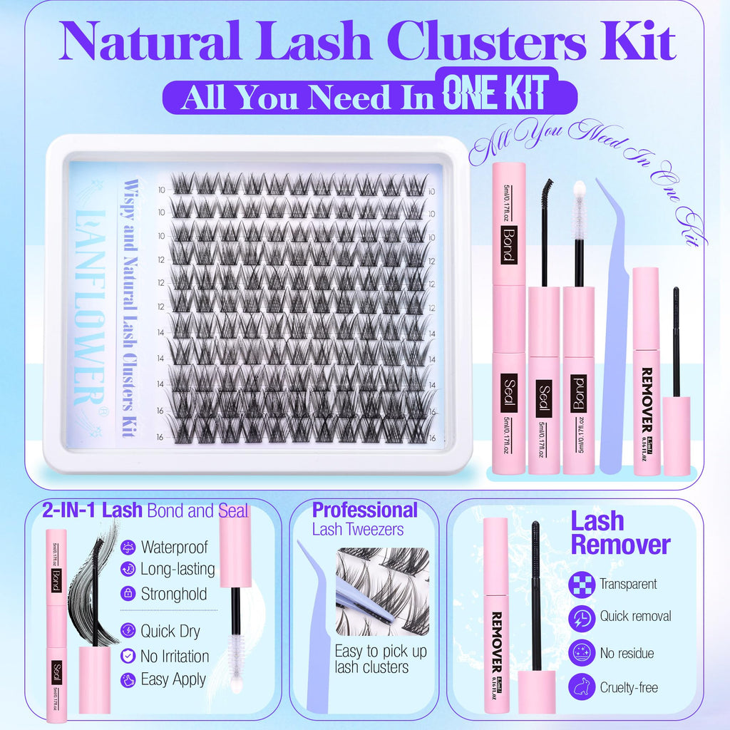 Lanflower Natural Lash Clusters Kit 10-16mm | Wispy Extensions with Bond, Seal & Remover