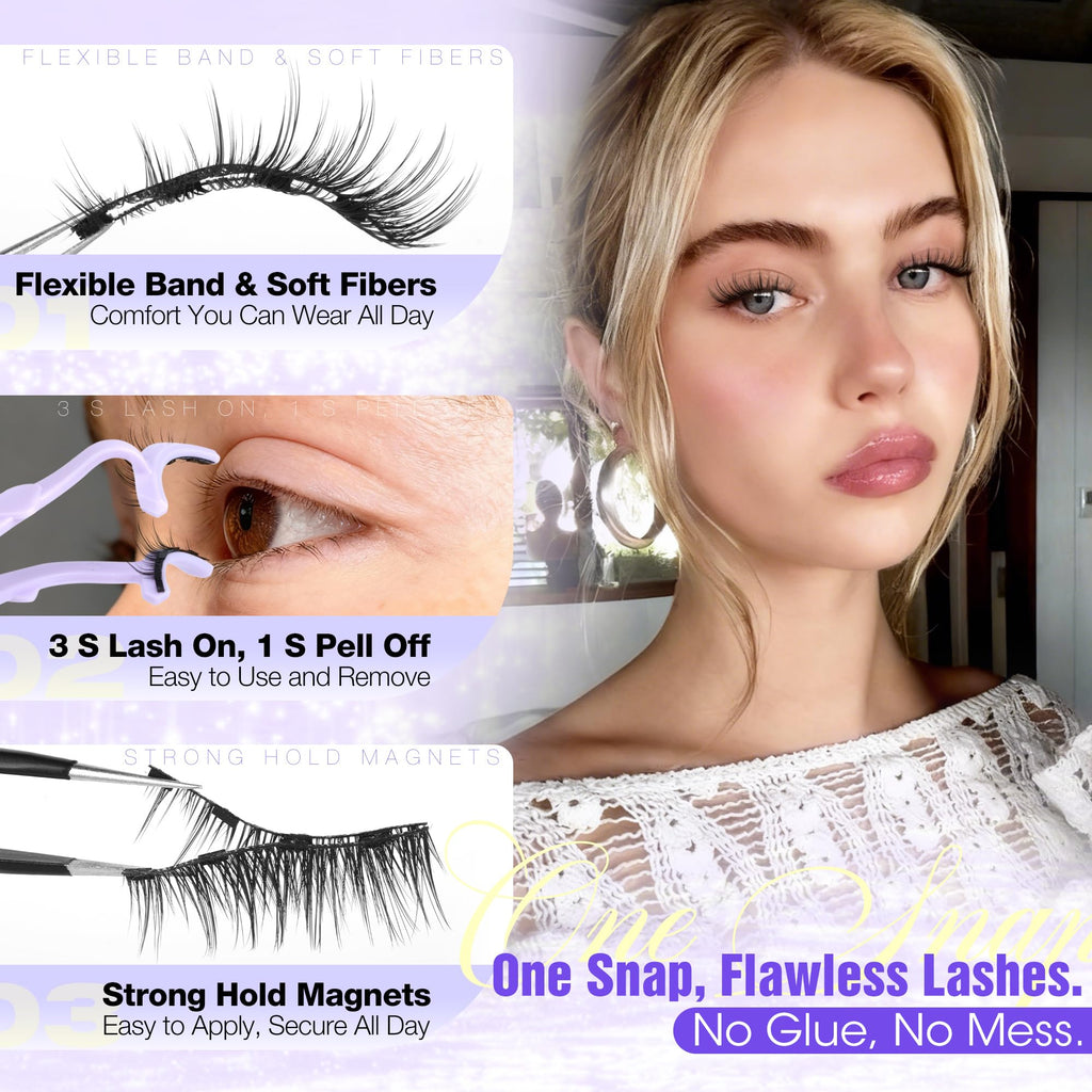 Lanflower Magnetic Eyelashes with Applicator – Natural Wispy Look, No Glue