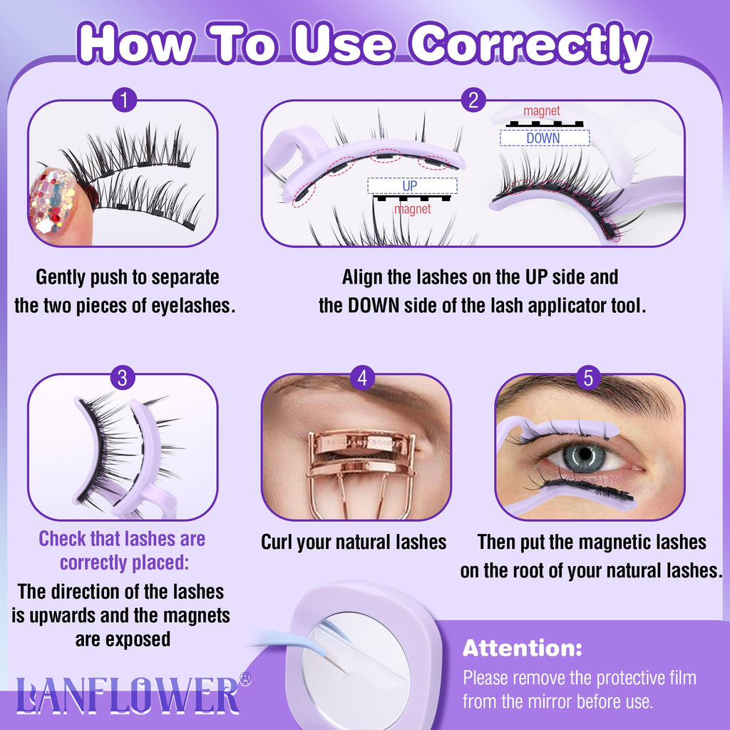 Lanflower Magnetic Eyelashes with Applicator – Natural Wispy Look, No Glue