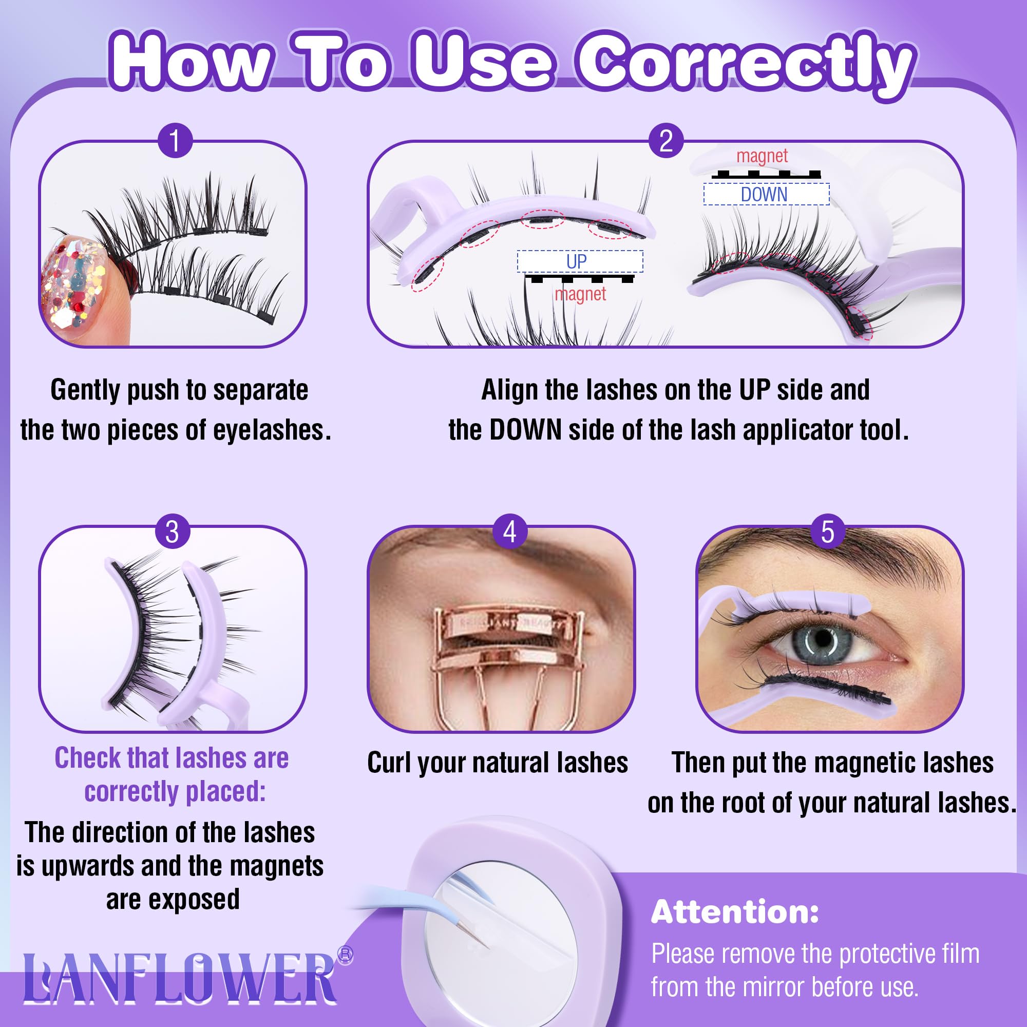 Lanflower Magnetic Eyelashes with Applicator – Natural Wispy Look, No Glue