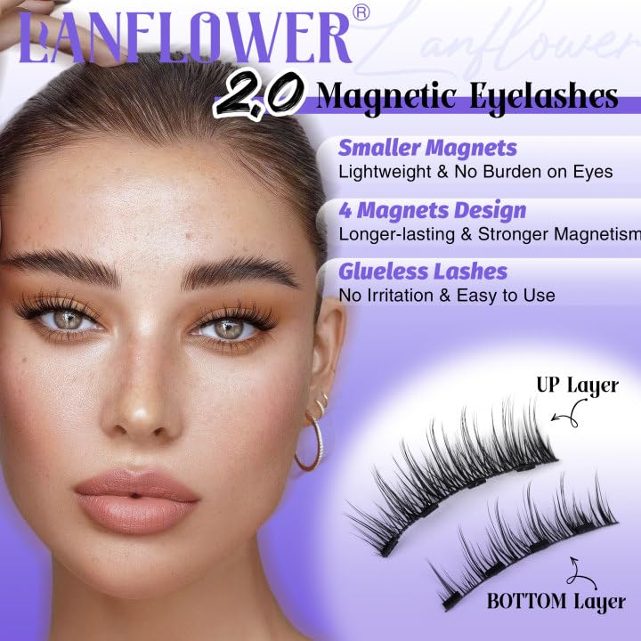 Lanflower Magnetic Eyelashes with Applicator – Natural Wispy Look, No Glue