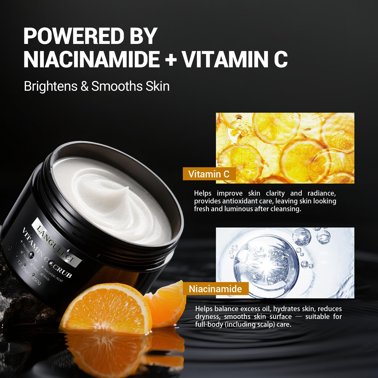 LANGULLCI 3-in-1 Face, Body & Scalp Scrub with Niacinamide & Vitamin C – 12.3 oz