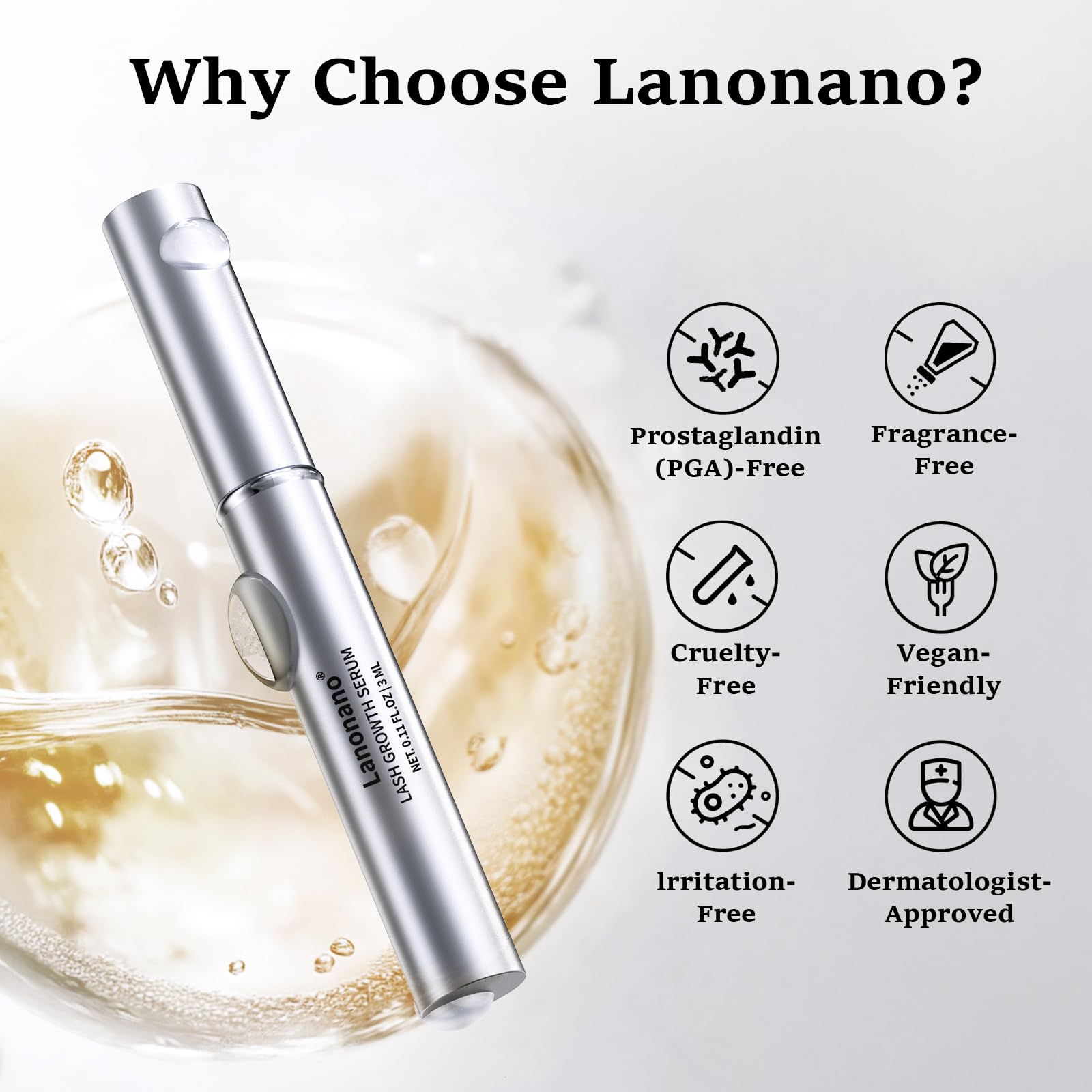 Lanonano Lash Serum – Fuller, Longer-Looking Lashes | Vegan & Cruelty-Free 0.1 Fl Oz (3ml)
