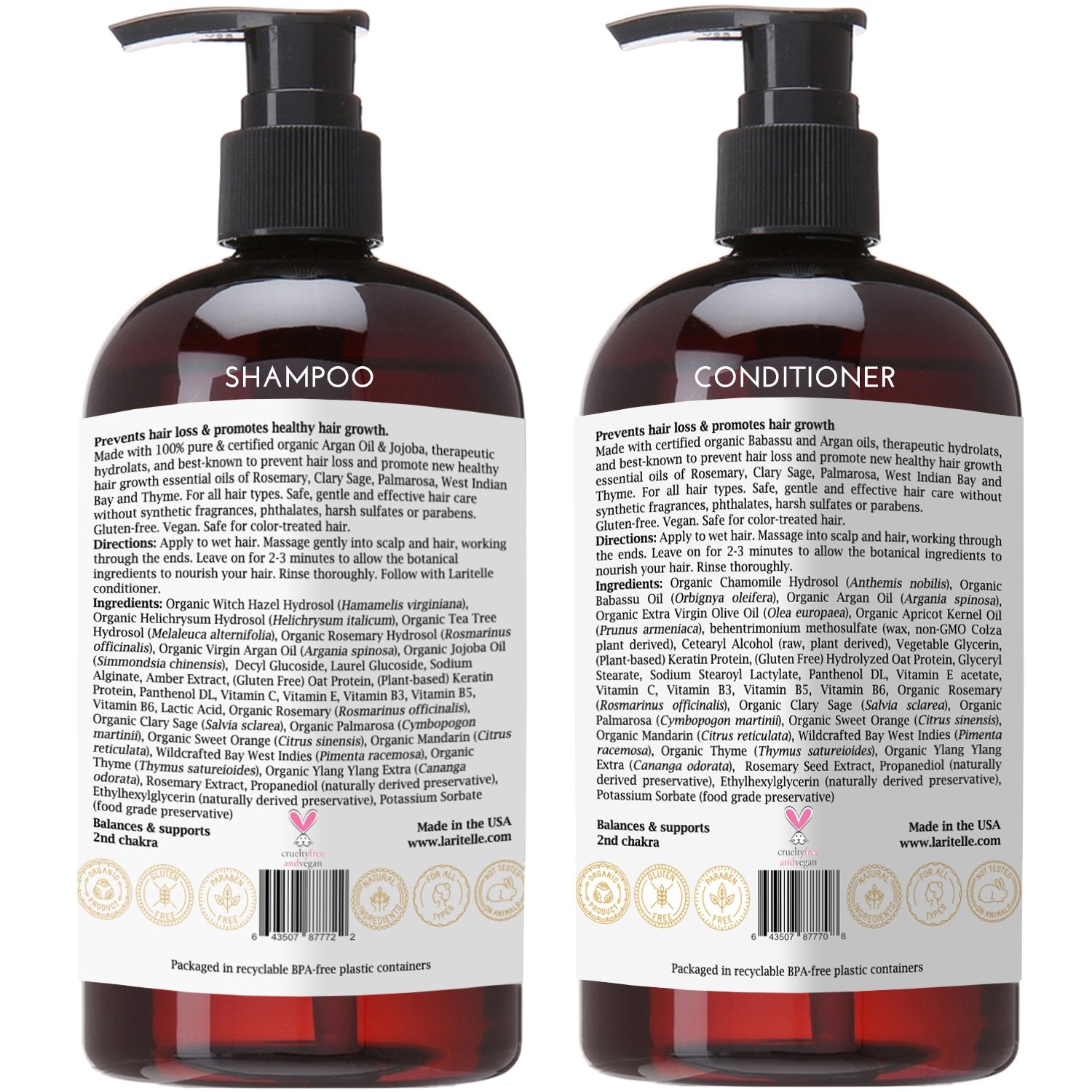 Laritelle Organic Hair Growth Set | Shampoo 16 oz + Conditioner 16 oz + Hair Loss Treatment 4 oz | Argan Oil, Rosemary, Palmarosa & Orange | GMO-Free & Sulfate-Free