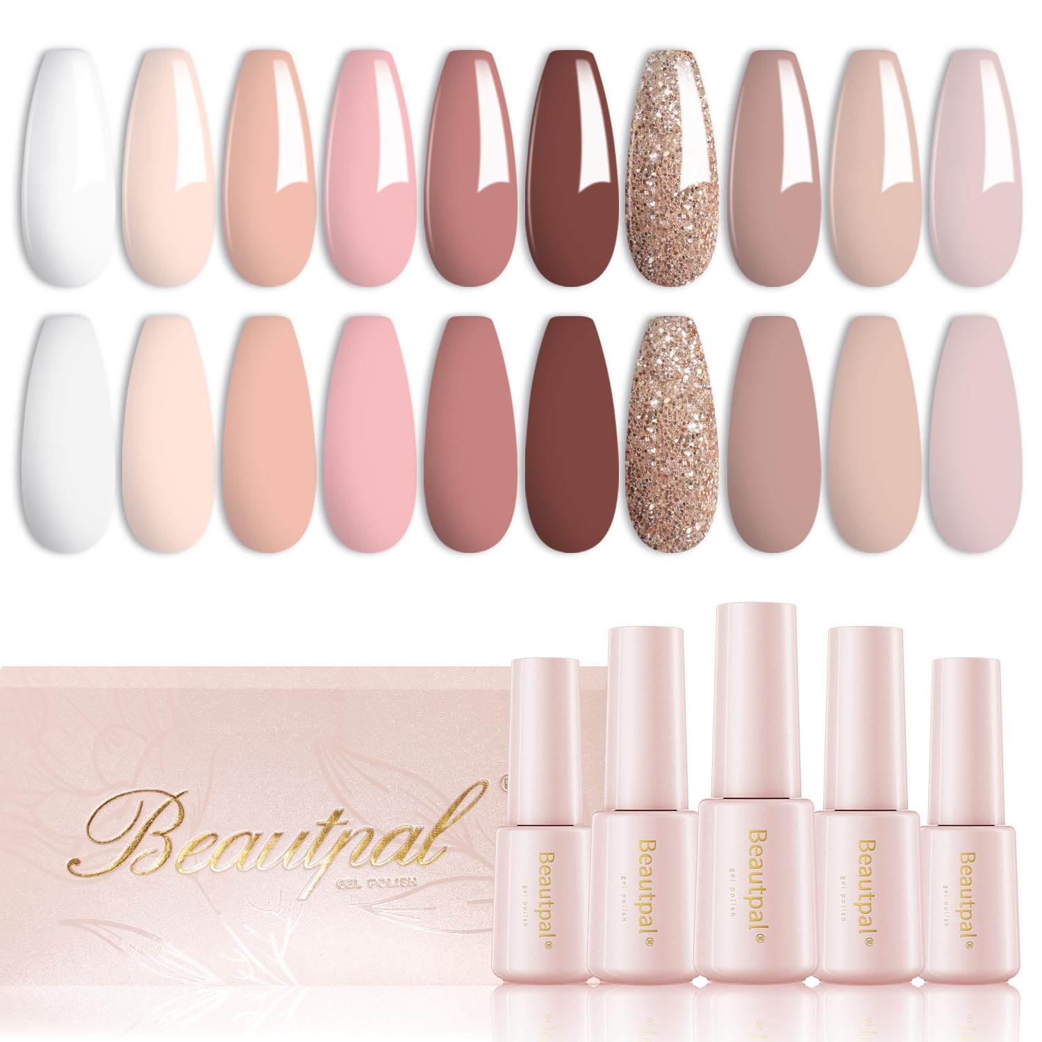 Larvall Beautpal Nude Gel Nail Polish Set – 10 Neutral Pink Nude Glitter Shades for At-Home Manicures