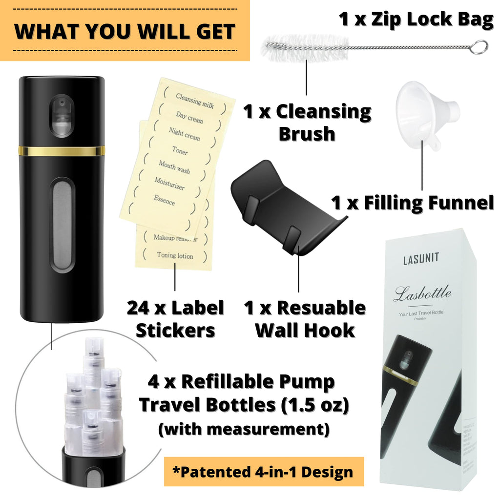 LASBOTTLE 4-in-1 Travel Bottle | Leak-Proof Pump Dispenser 6.1 oz (Gold/Black)