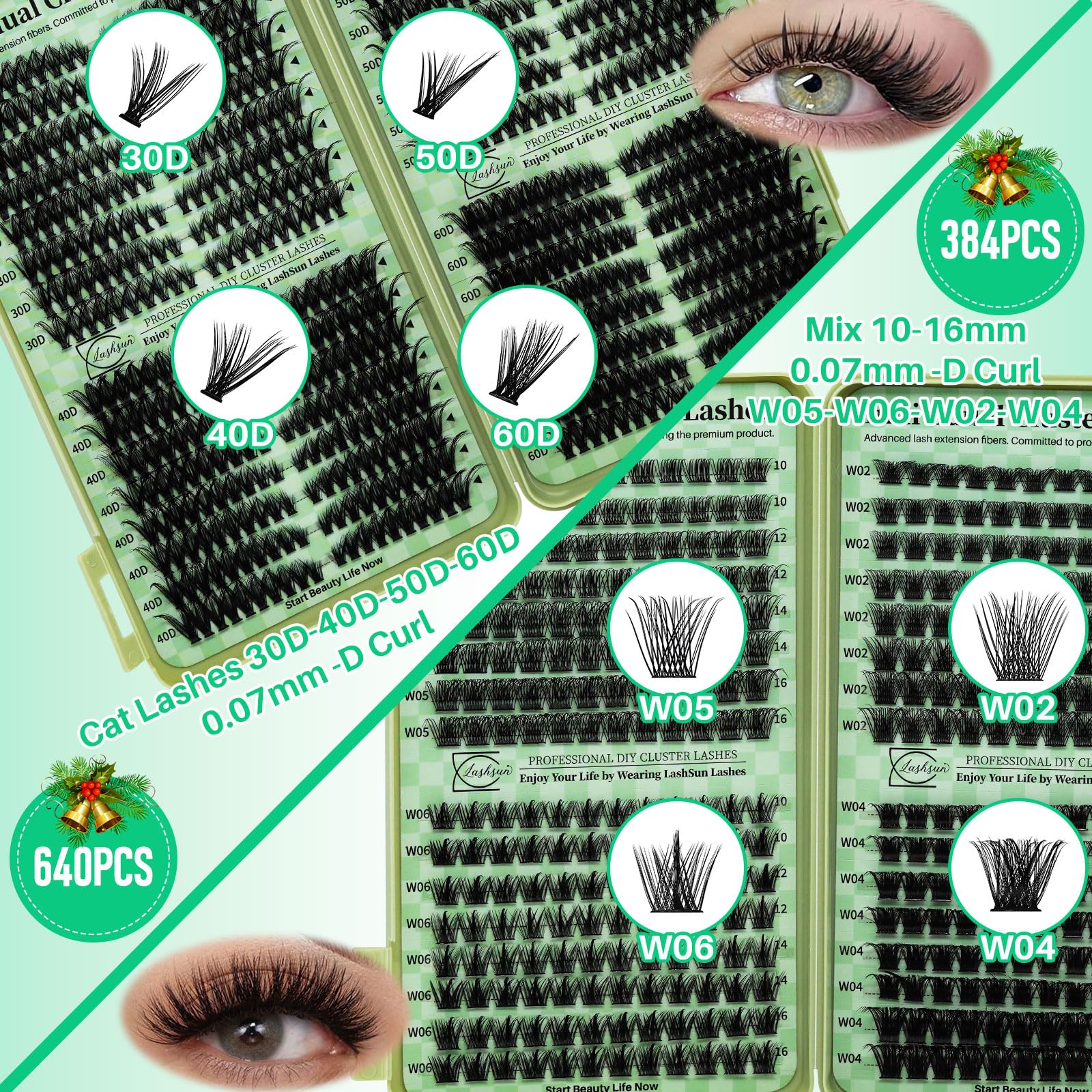 LASHSUN Lash Clusters Kit – Wispy Cat Eye Lashes with Bond, Seal, Remover & Tweezers
