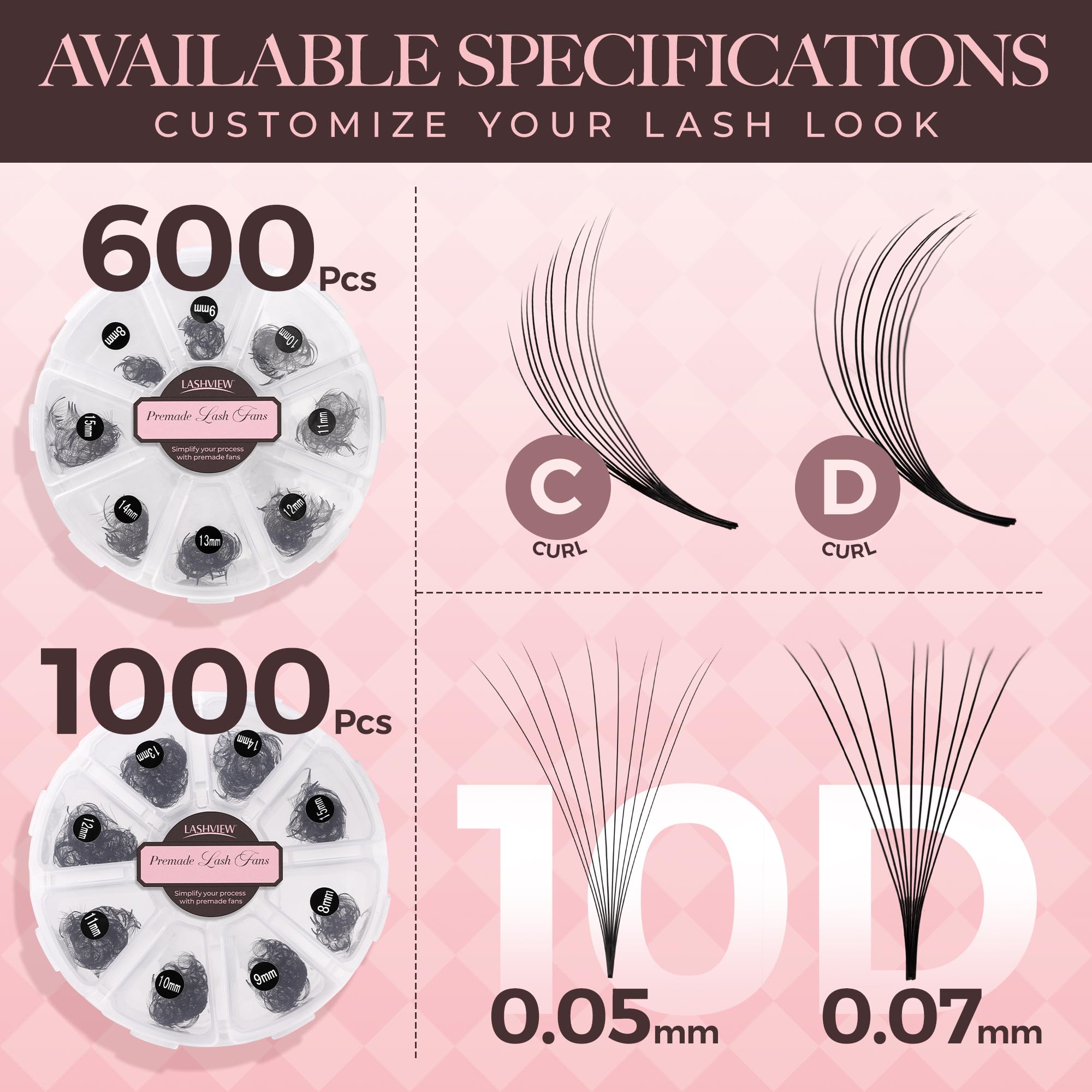 LASHVIEW 600 Premade Volume Eyelash Extensions – D Curl, 10D-0.07D, 8–15mm