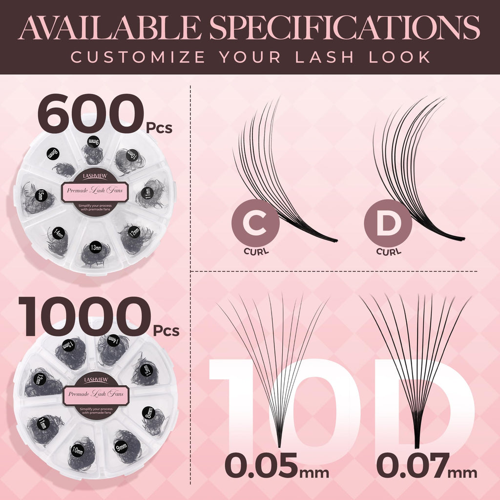 LASHVIEW 1000 Fans 10D Premade Volume Eyelash Extensions – D Curl, Thin Base