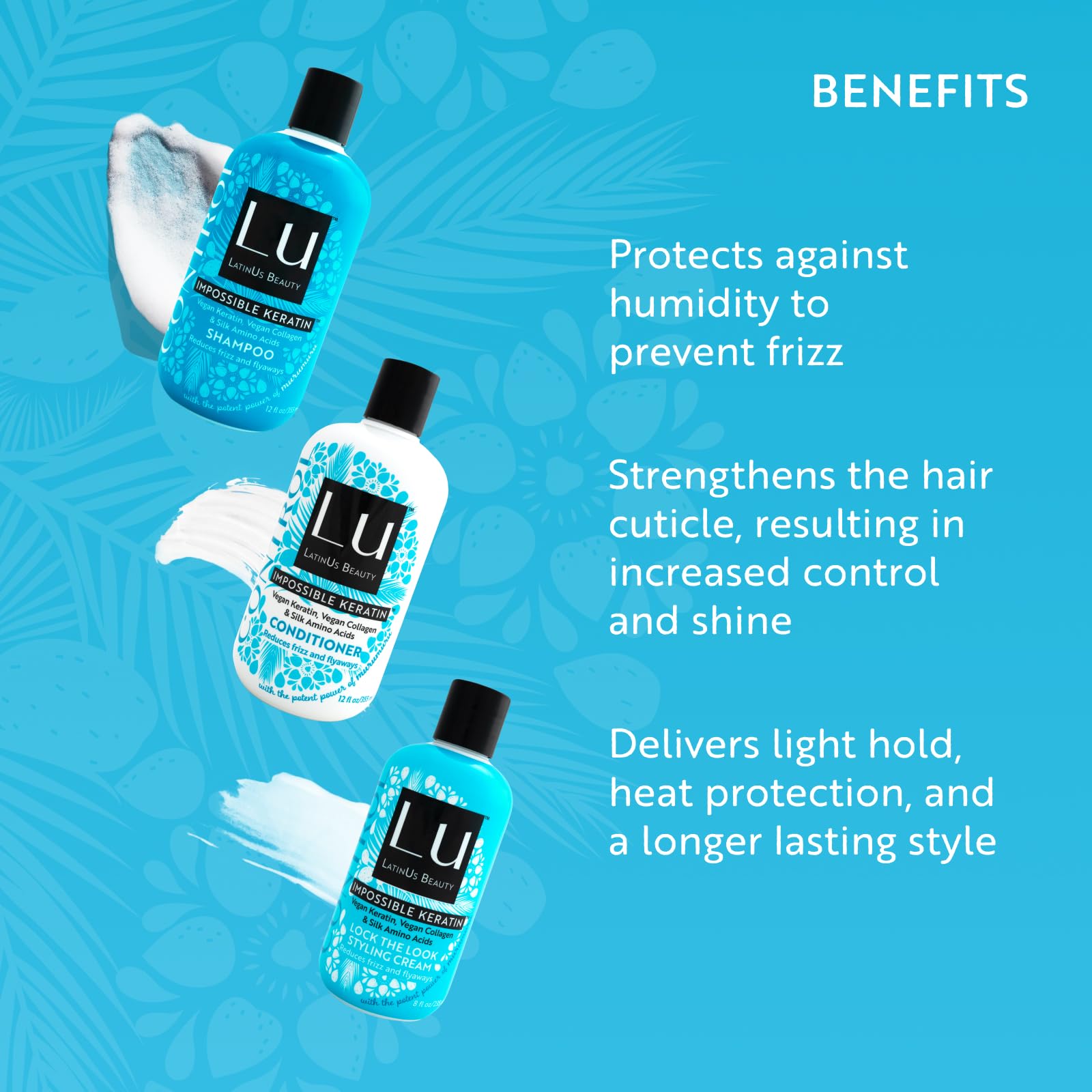 Lu by LatinUs Beauty Anti-Frizz Tame & Sleek Hair Set - Shampoo, Conditioner & Styling Cream (32 oz)