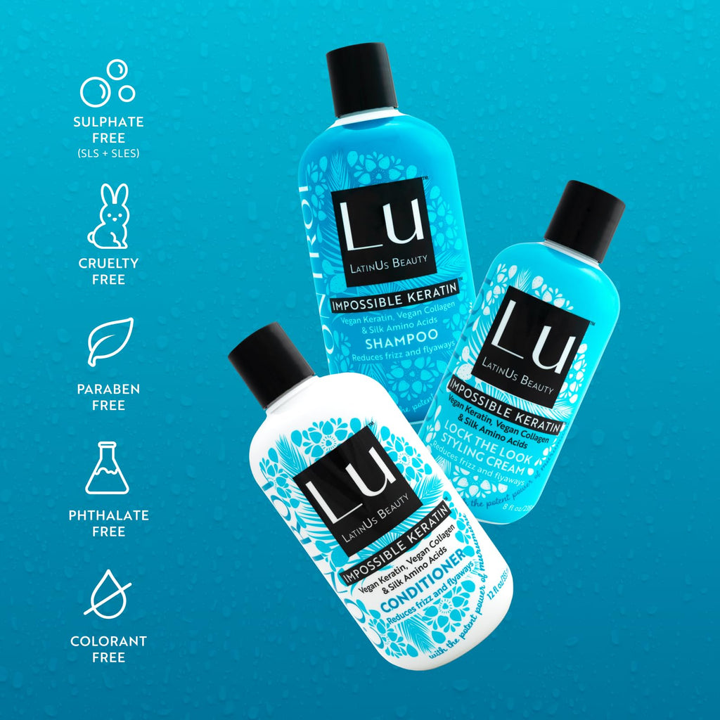 Lu by LatinUs Beauty Anti-Frizz Tame & Sleek Hair Set - Shampoo, Conditioner & Styling Cream (32 oz)