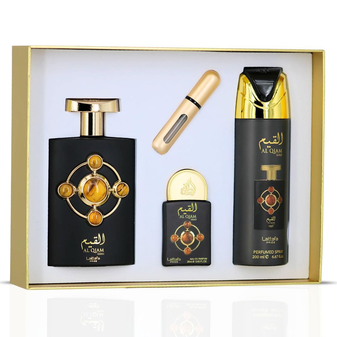 Lattafa Pride Al Qiam Gold 3-Piece Gift Set – Long-Lasting Arabian Men’s Perfume (EDP & Perfumed Spray)