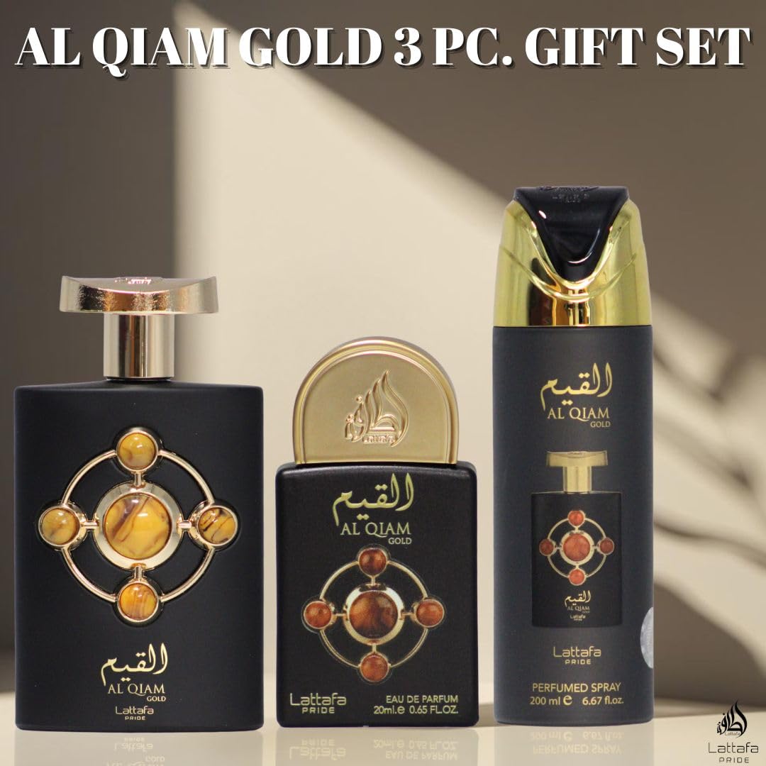 Lattafa Pride Al Qiam Gold 3-Piece Gift Set – Long-Lasting Arabian Men’s Perfume (EDP & Perfumed Spray)